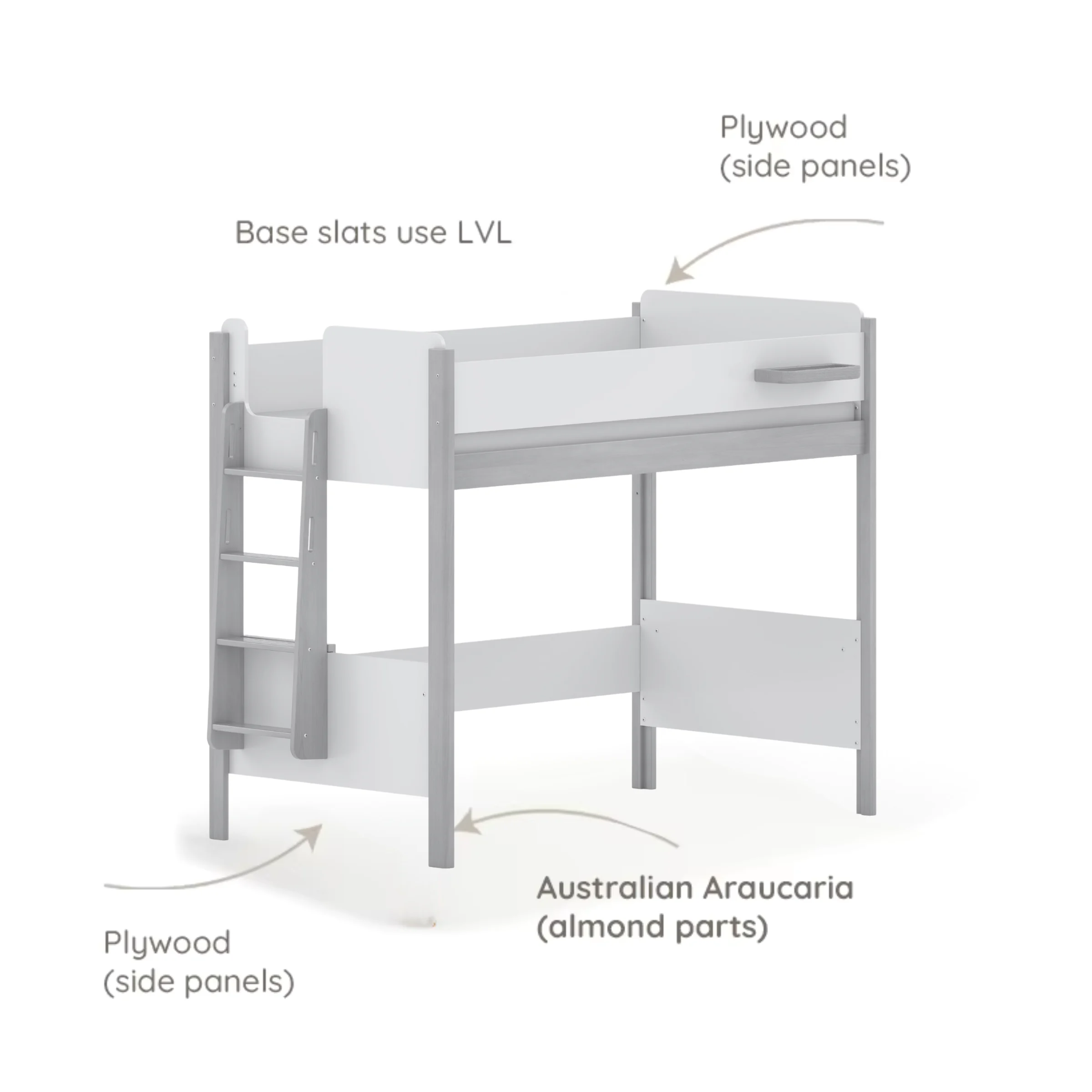 Boori Natty Kids King Single Loft Bed + Ladder, Barley and Almond