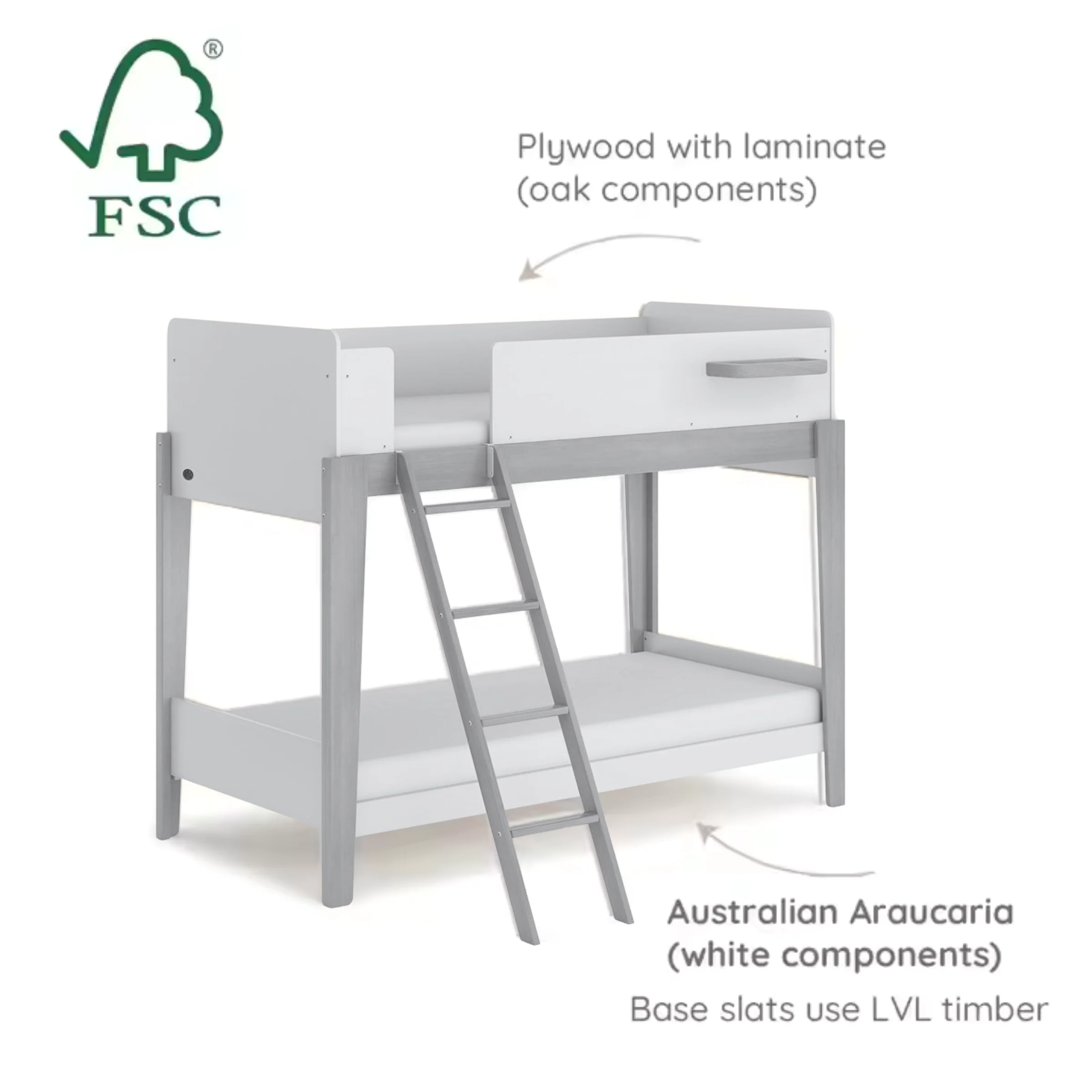 Boori Natty Kids Single Bunk Bed + Ladder, Cherry and Almond