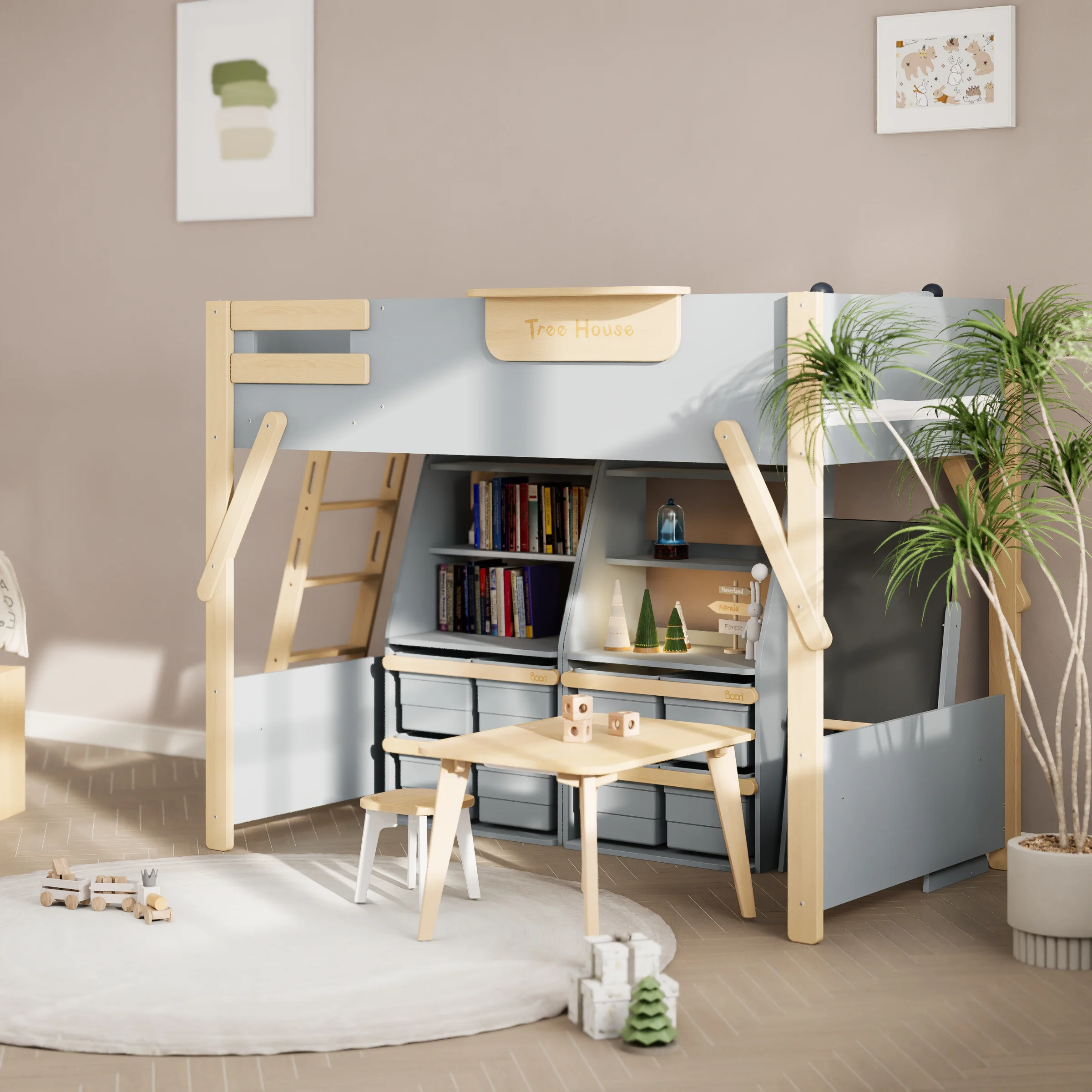 Boori Treehouse Kids King Single Loft Bed + Ladder, Blueberry and Beech