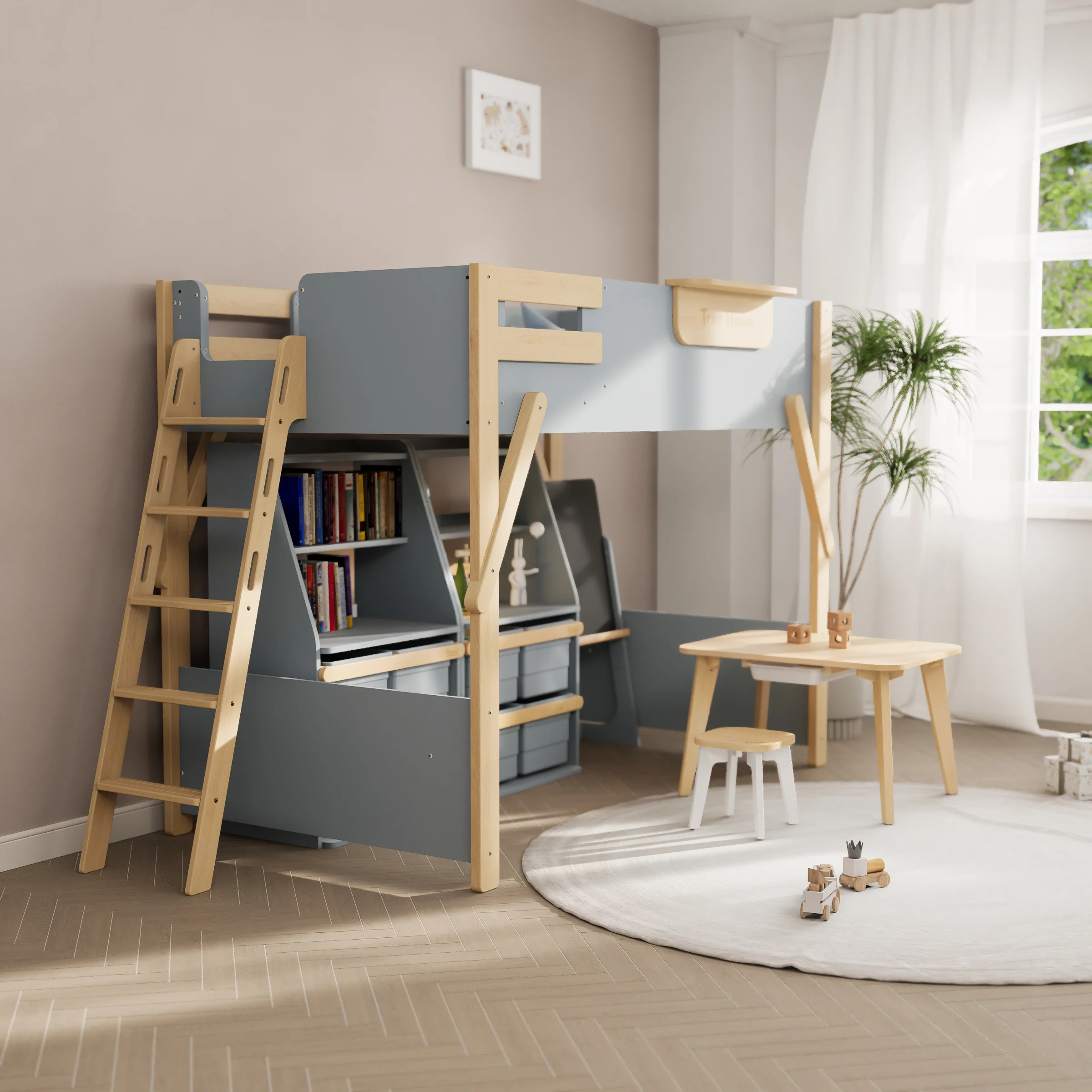 Boori Treehouse Kids King Single Loft Bed + Ladder, Blueberry and Beech