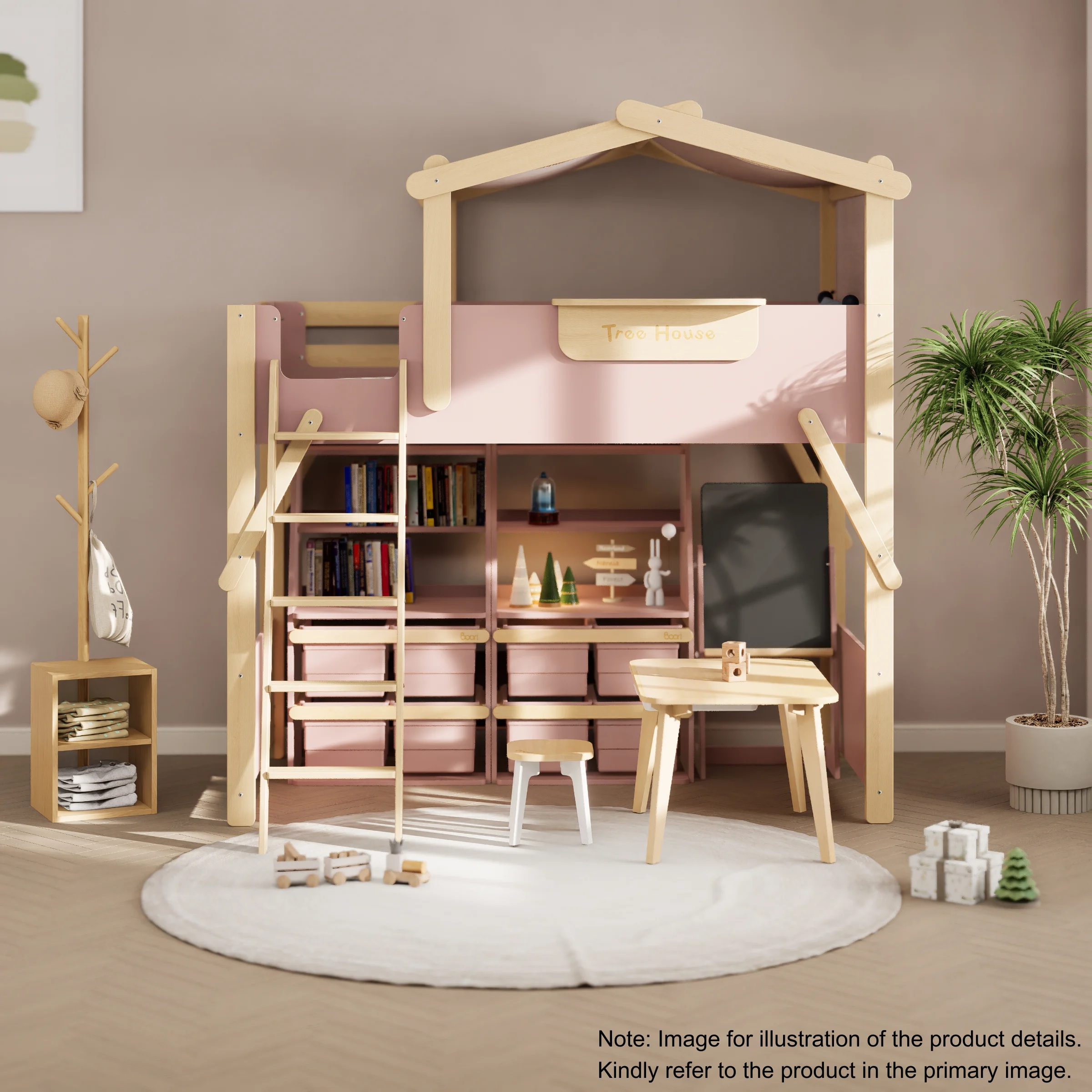 Boori Treehouse Kids King Single Loft Bed + Roof Frame and Ladder, Cherry and Beech