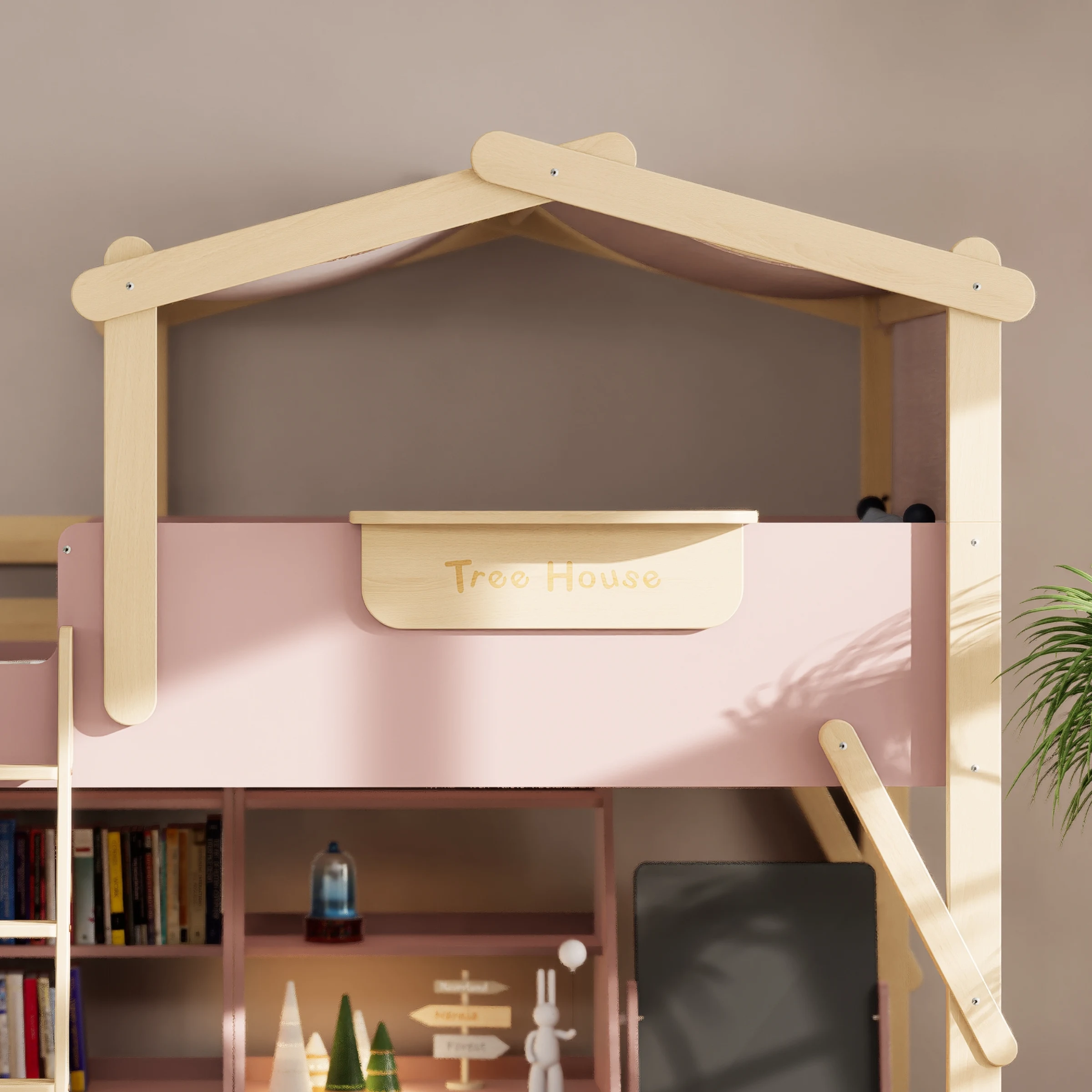 Boori Treehouse Kids King Single Loft Bed + Roof Frame and Ladder, Cherry and Beech