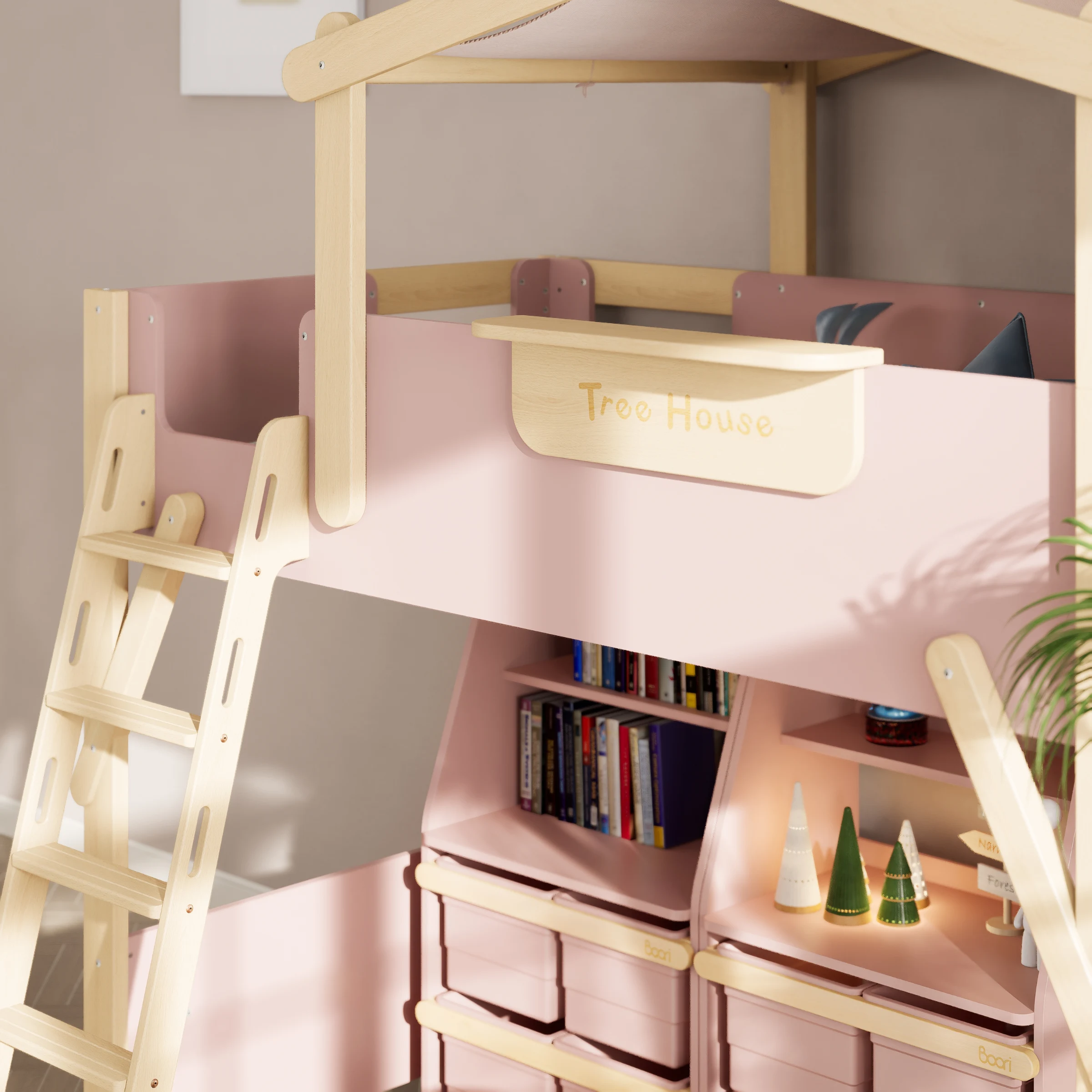 Boori Treehouse Kids King Single Loft Bed + Roof Frame and Ladder, Cherry and Beech