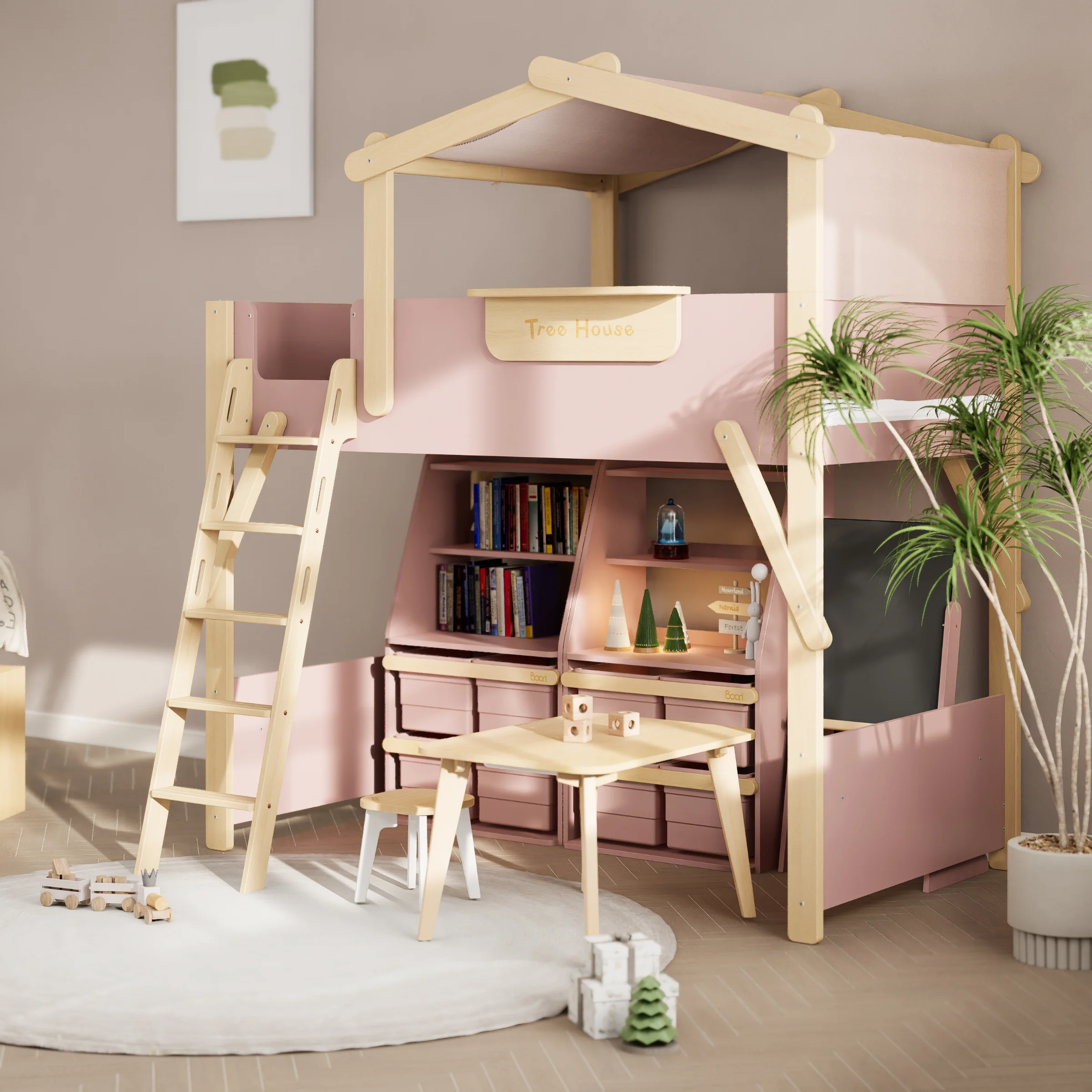 Boori Treehouse Kids King Single Loft Bed + Roof Frame and Ladder, Cherry and Beech