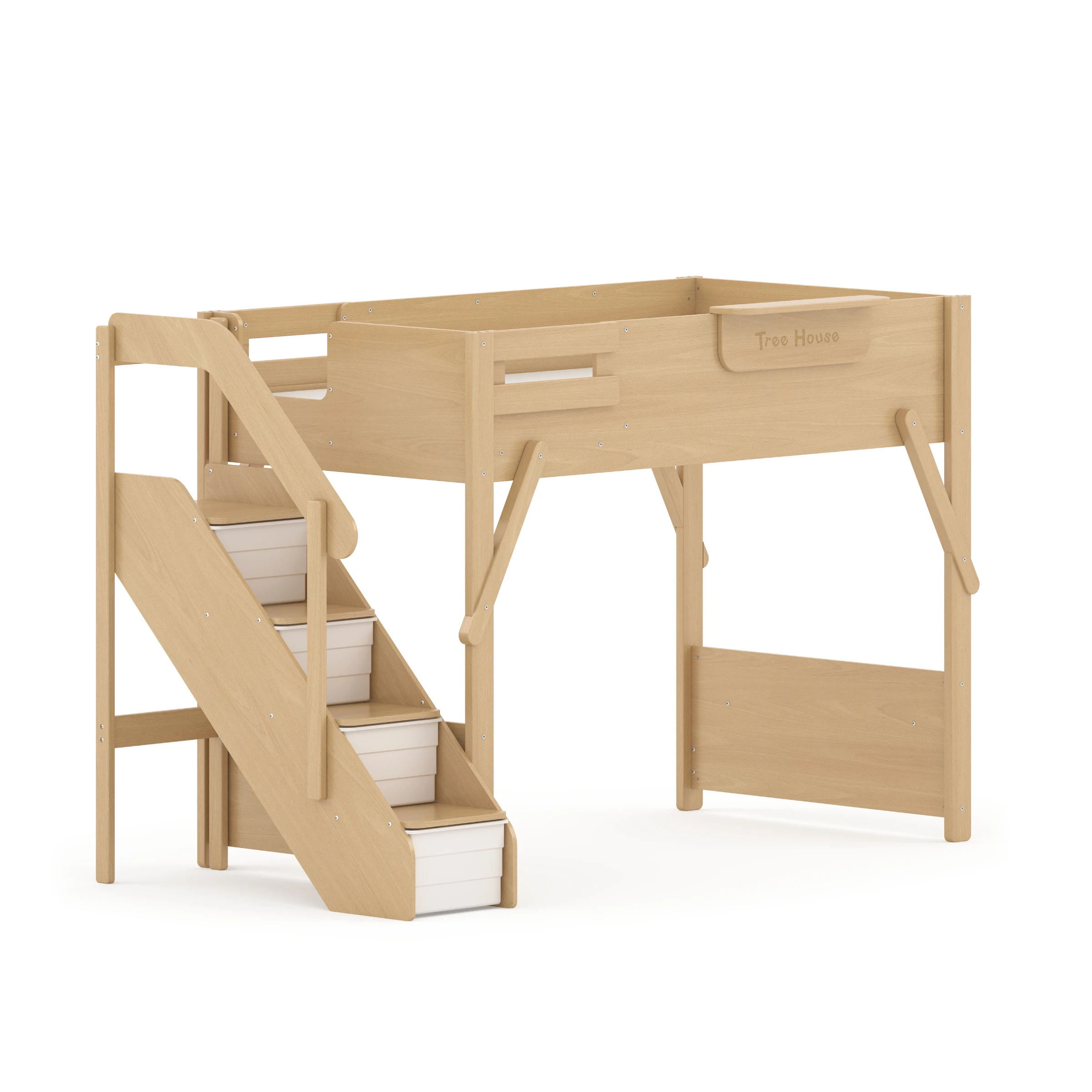 Boori Treehouse Kids King Single Loft Bed + Storage Staircase, Beech