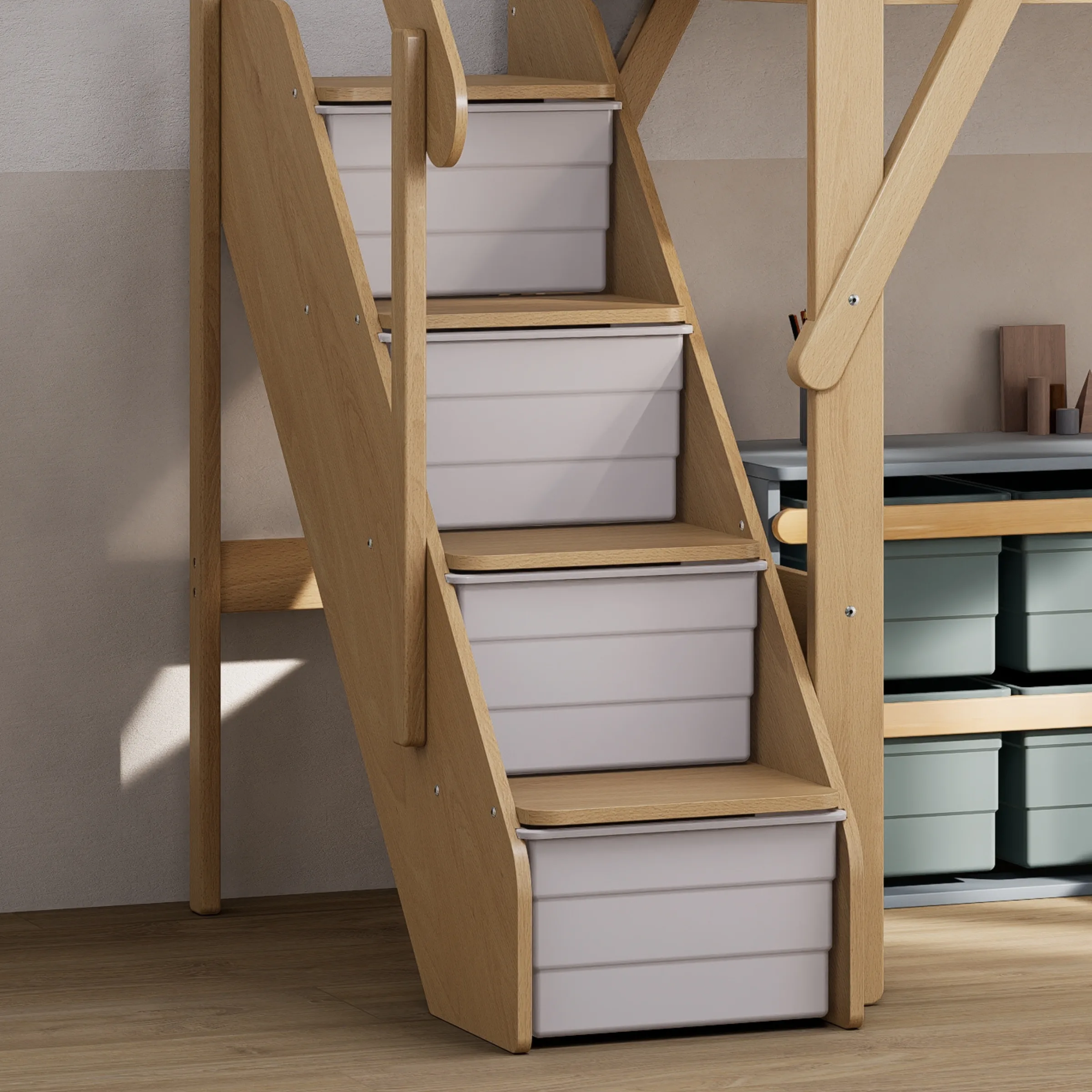 Boori Treehouse Kids King Single Loft Bed + Storage Staircase, Beech