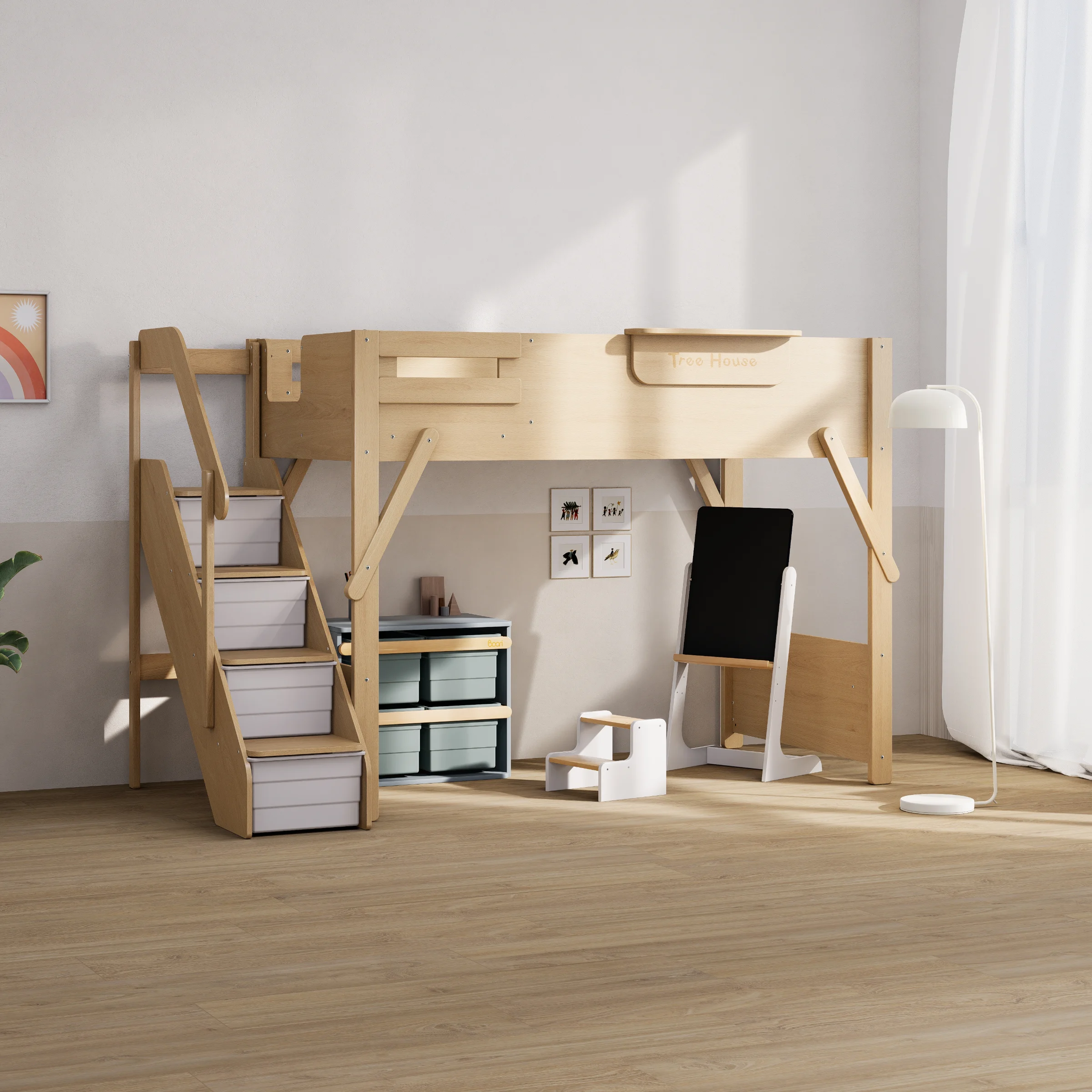 Boori Treehouse Kids King Single Loft Bed + Storage Staircase, Beech