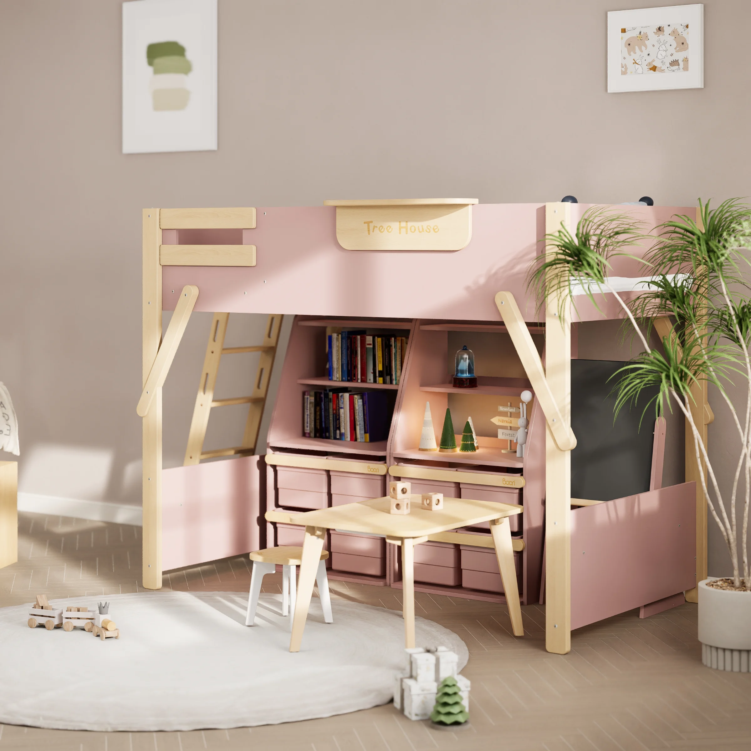 Boori Treehouse Kids King Single Loft Bed + Ladder, Cherry and Beech