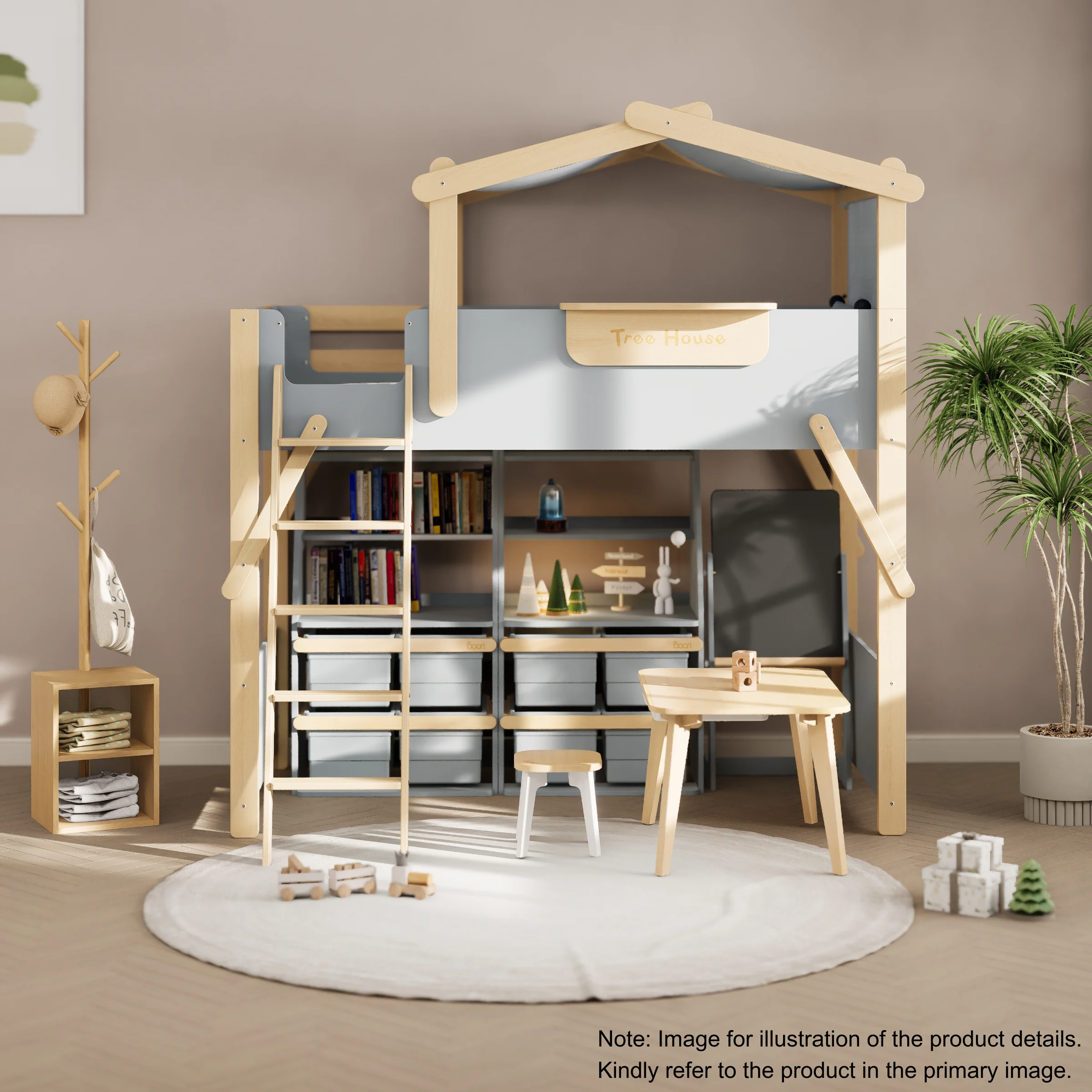 Boori Treehouse Kids King Single Loft Bed + Roof Frame and Ladder, Blueberry and Beech