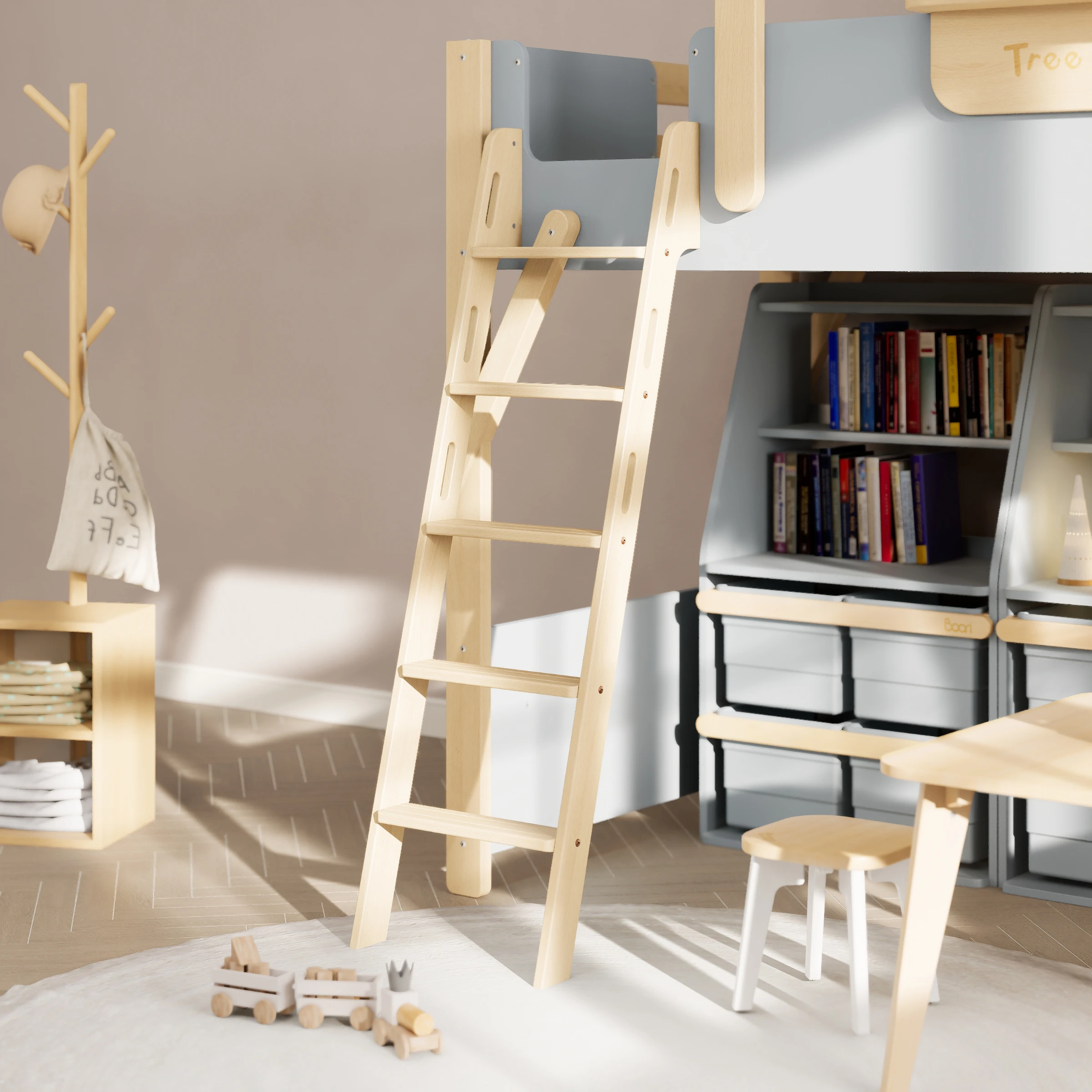 Boori Treehouse Kids King Single Loft Bed + Roof Frame and Ladder, Blueberry and Beech