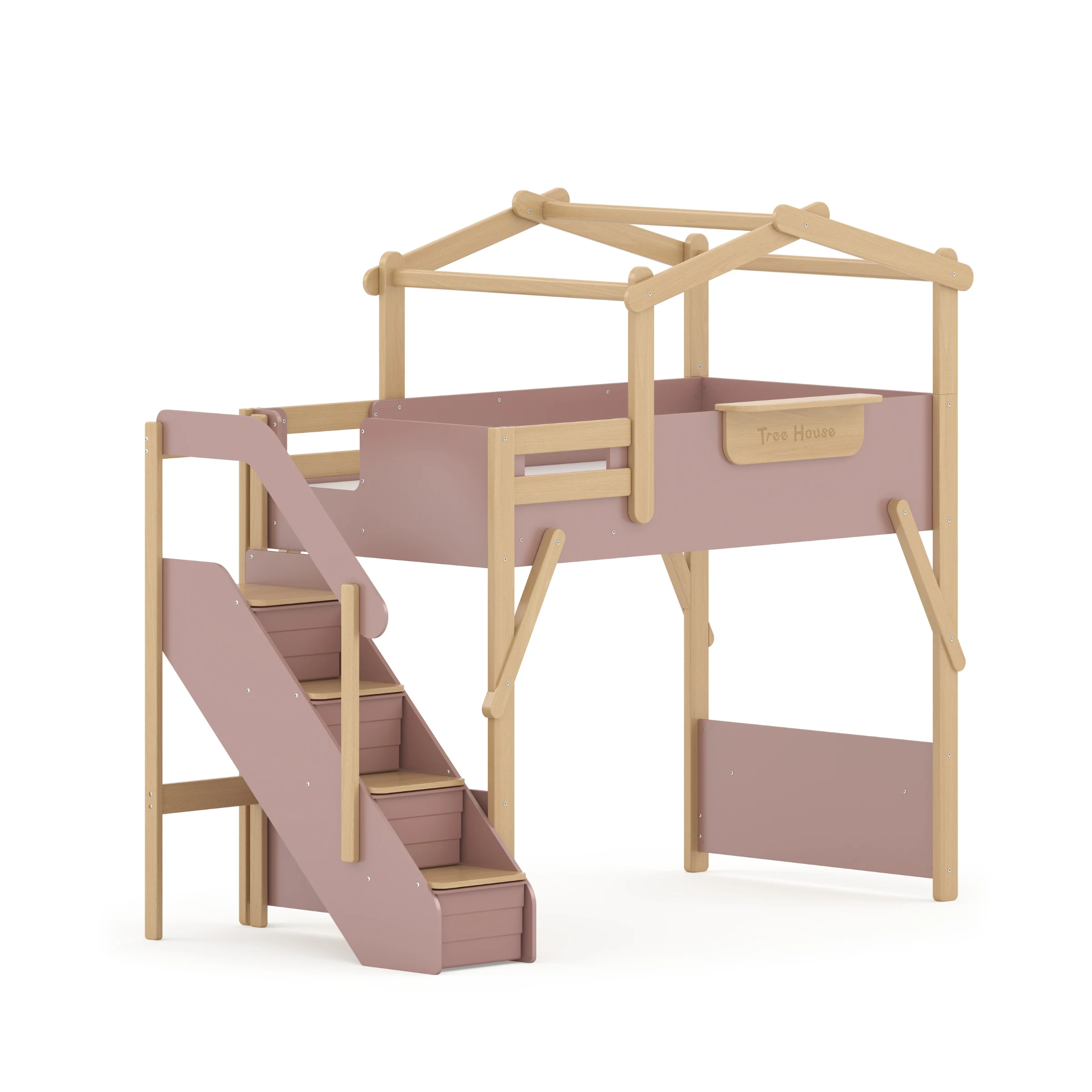 Boori Treehouse Kids King Single Loft Bed + Roof Frame and Storage Staircase, Cherry and Beech