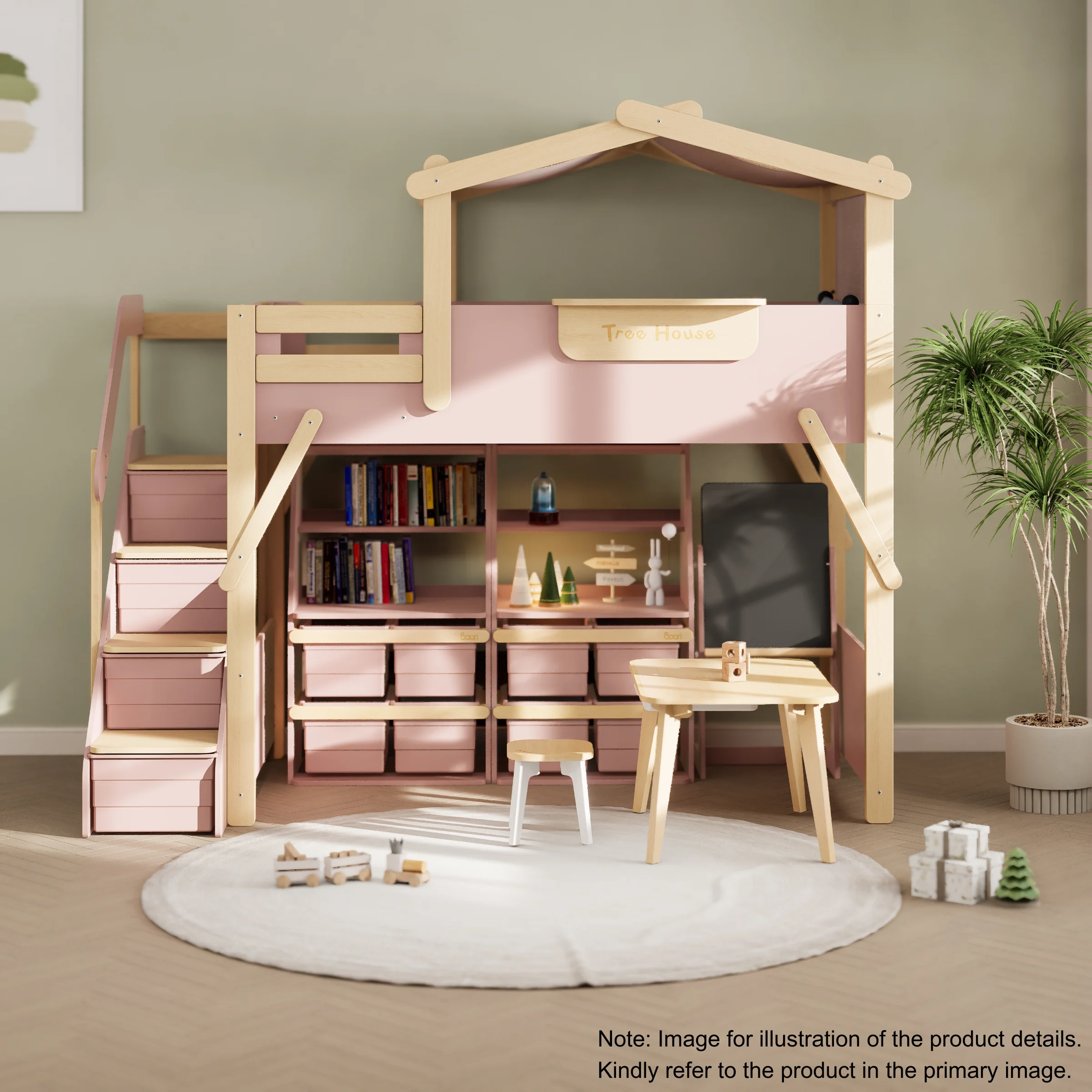 Boori Treehouse Kids King Single Loft Bed + Roof Frame and Storage Staircase, Cherry and Beech