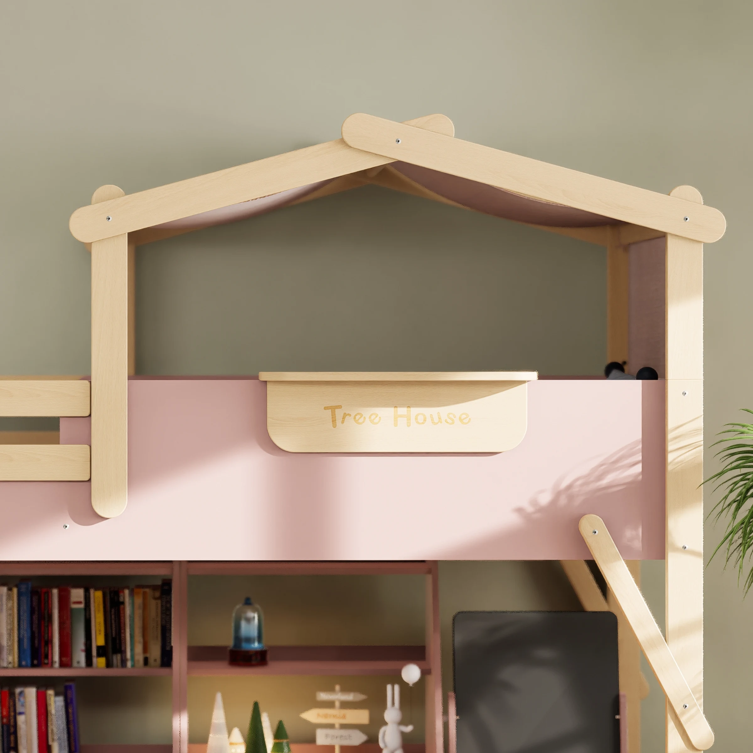 Boori Treehouse Kids King Single Loft Bed + Roof Frame and Storage Staircase, Cherry and Beech