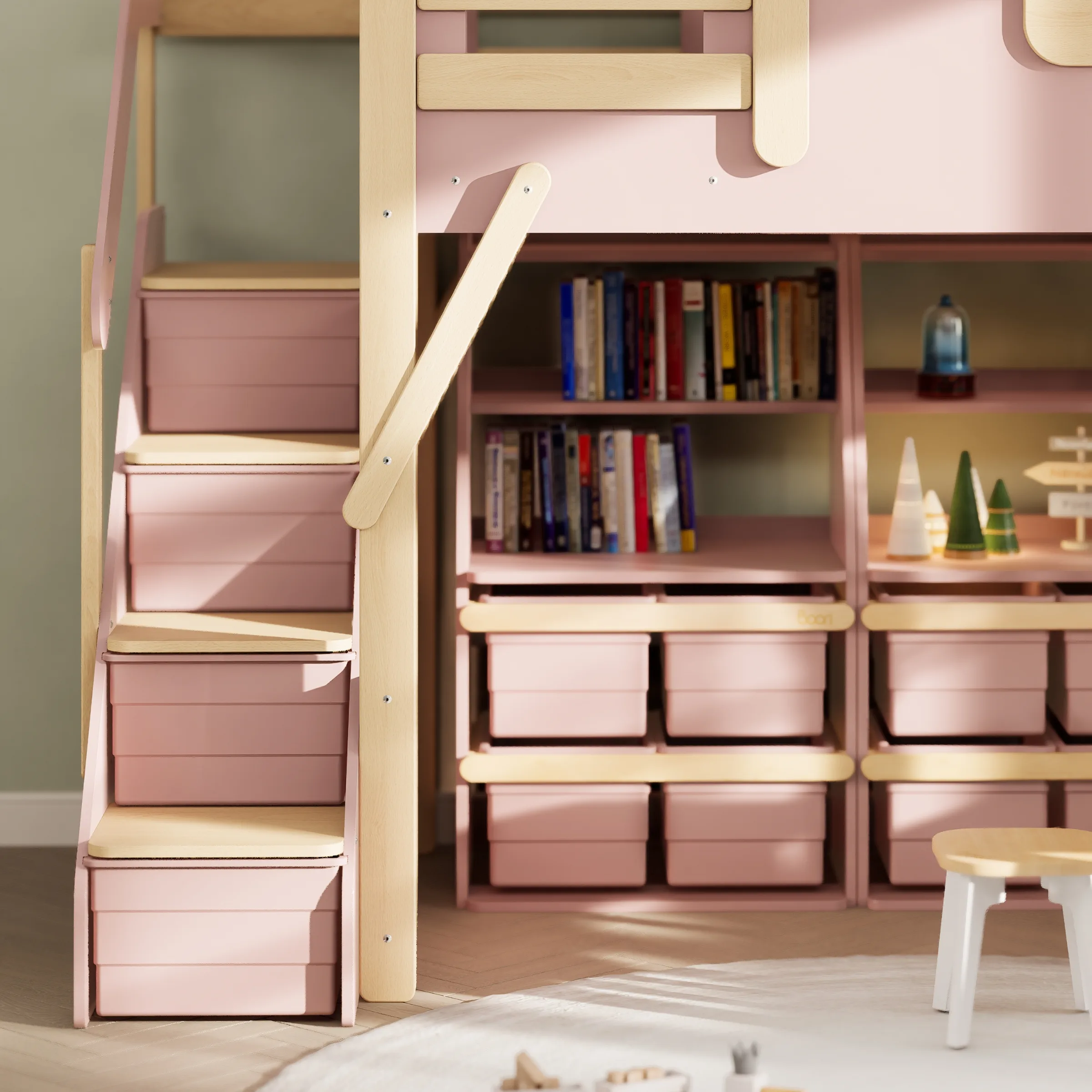 Boori Treehouse Kids King Single Loft Bed + Roof Frame and Storage Staircase, Cherry and Beech