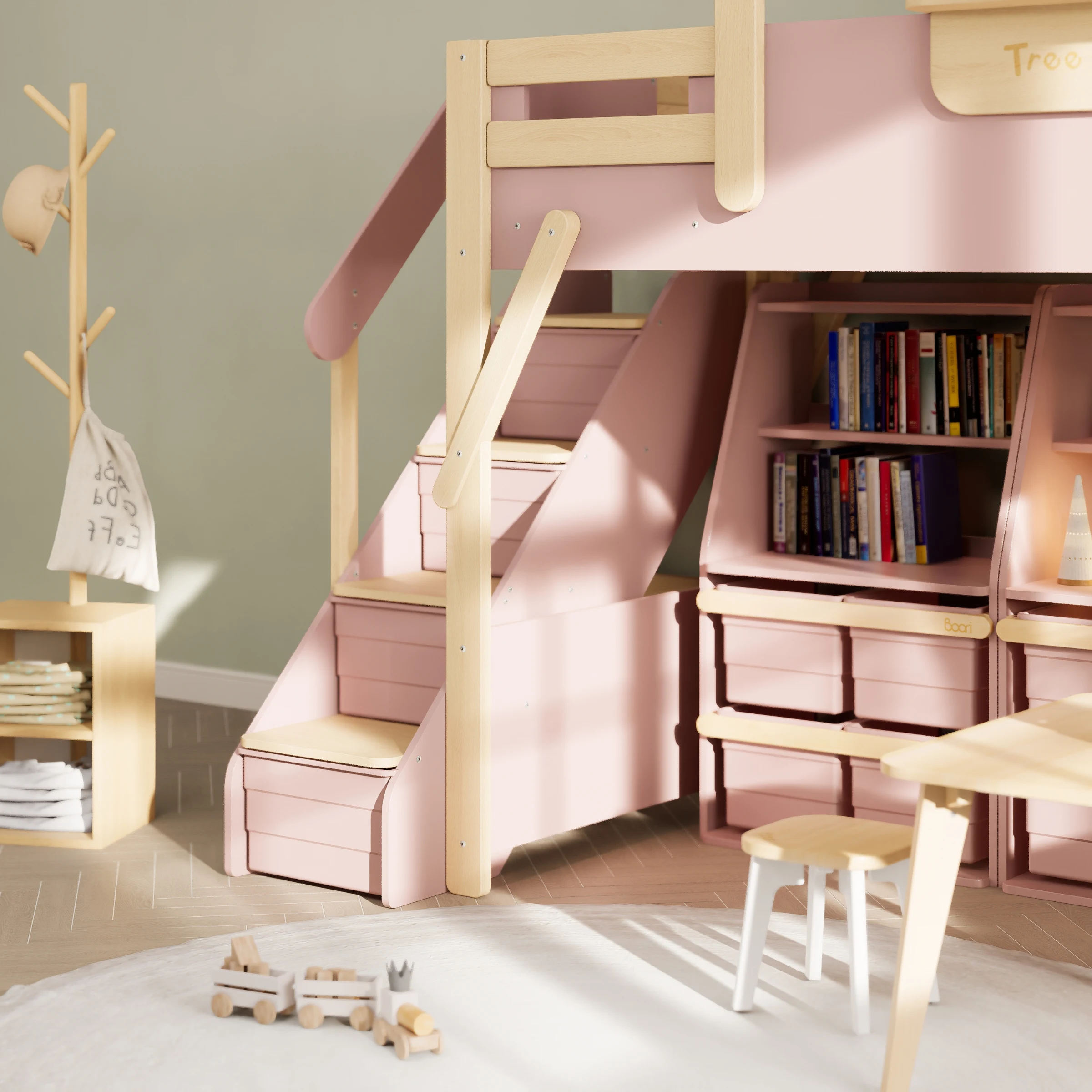 Boori Treehouse Kids King Single Loft Bed + Roof Frame and Storage Staircase, Cherry and Beech