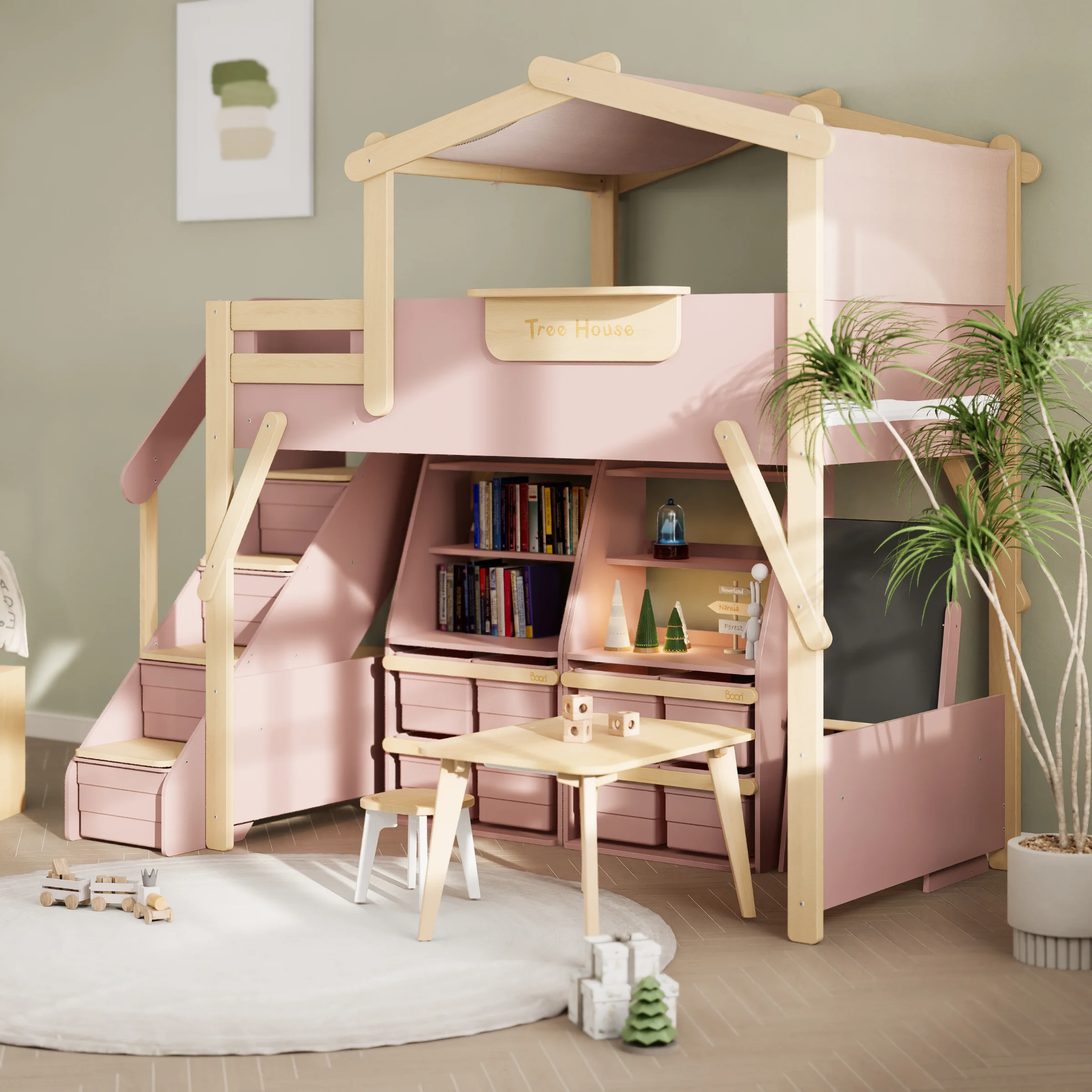 Boori Treehouse Kids King Single Loft Bed + Roof Frame and Storage Staircase, Cherry and Beech