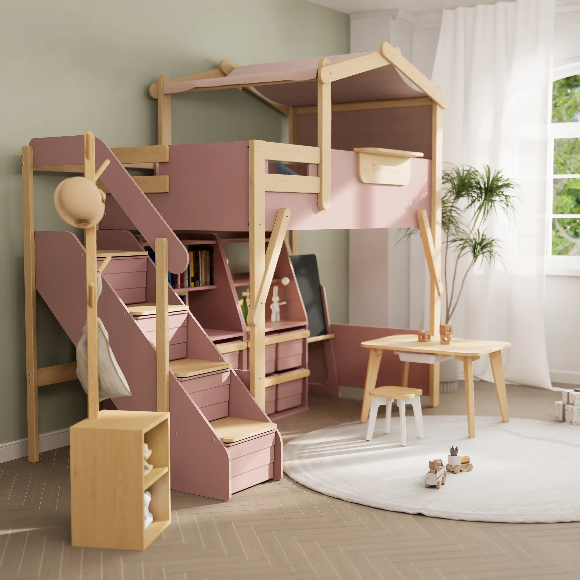Boori Treehouse Kids King Single Loft Bed + Roof Frame and Storage Staircase, Cherry and Beech
