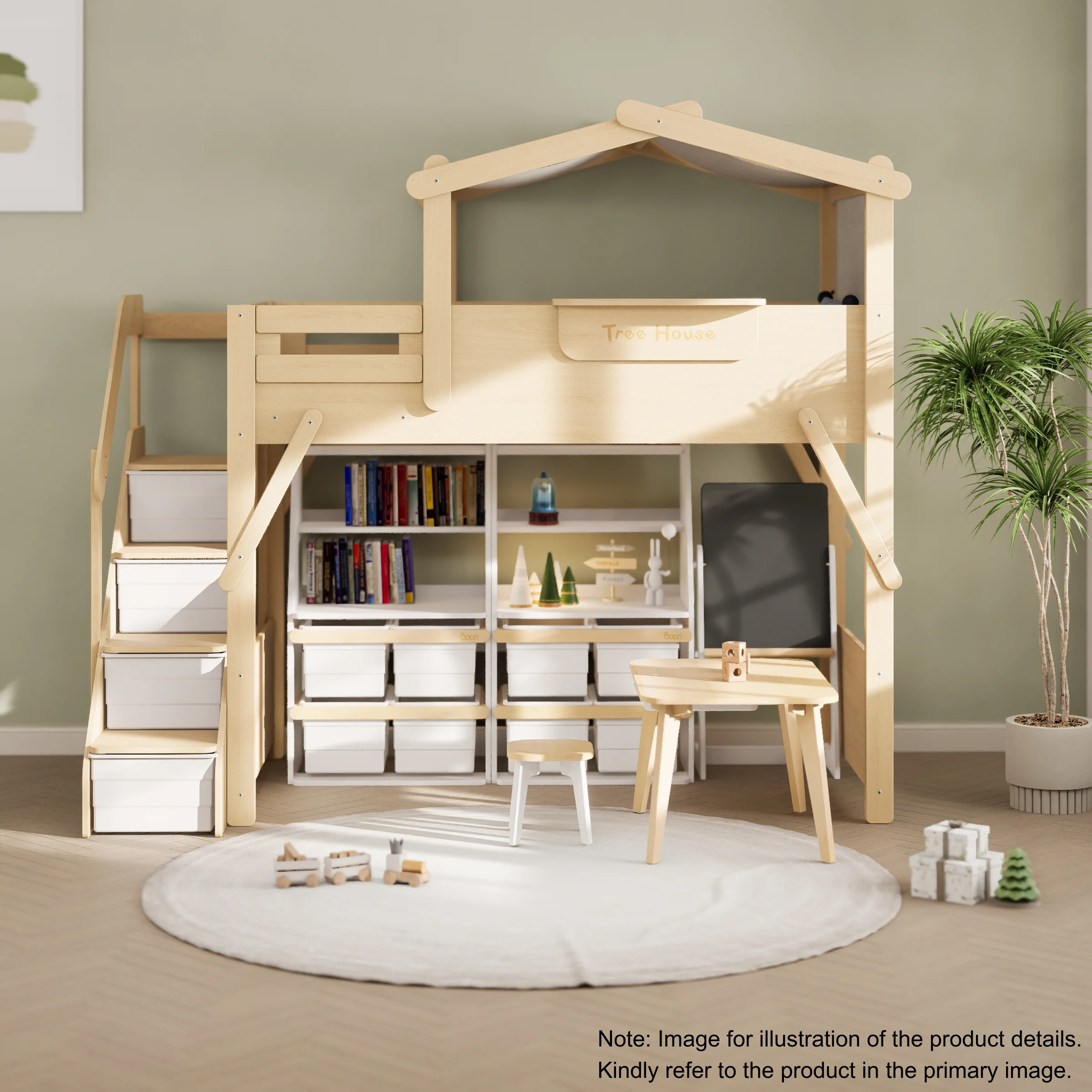 Boori Treehouse Kids King Single Loft Bed + Roof Frame and Storage Staircase, Beech