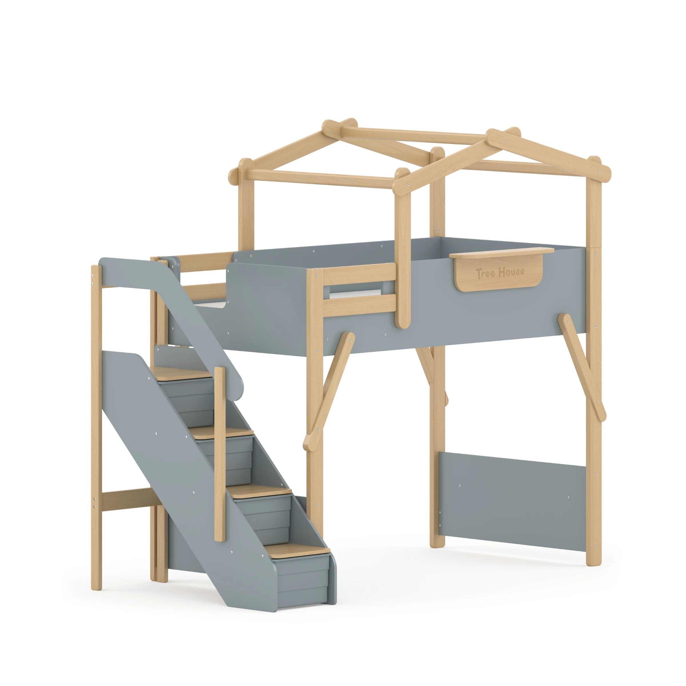 Boori Treehouse Kids King Single Loft Bed + Roof Frame and Storage Staircase, Blueberry and Beech