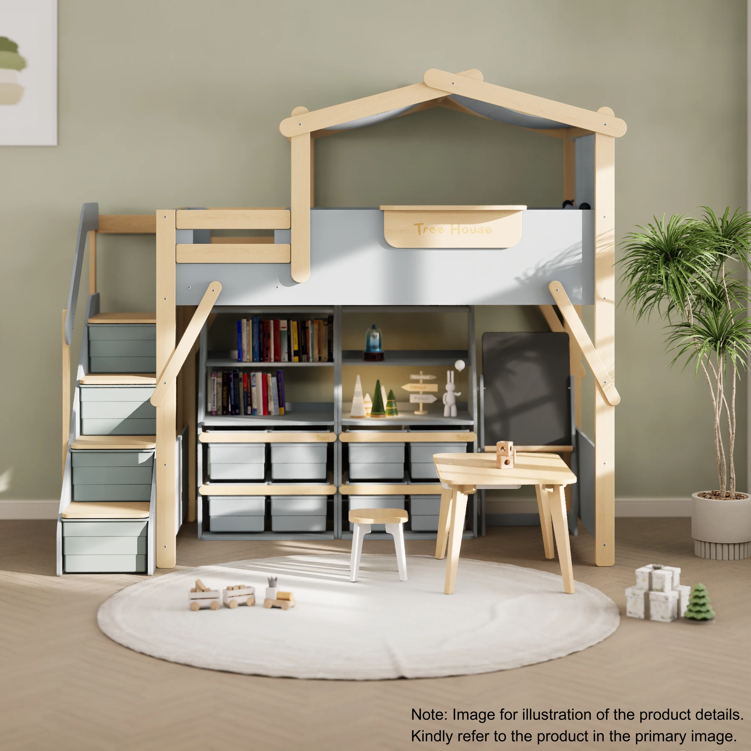 Boori Treehouse Kids King Single Loft Bed + Roof Frame and Storage Staircase, Blueberry and Beech