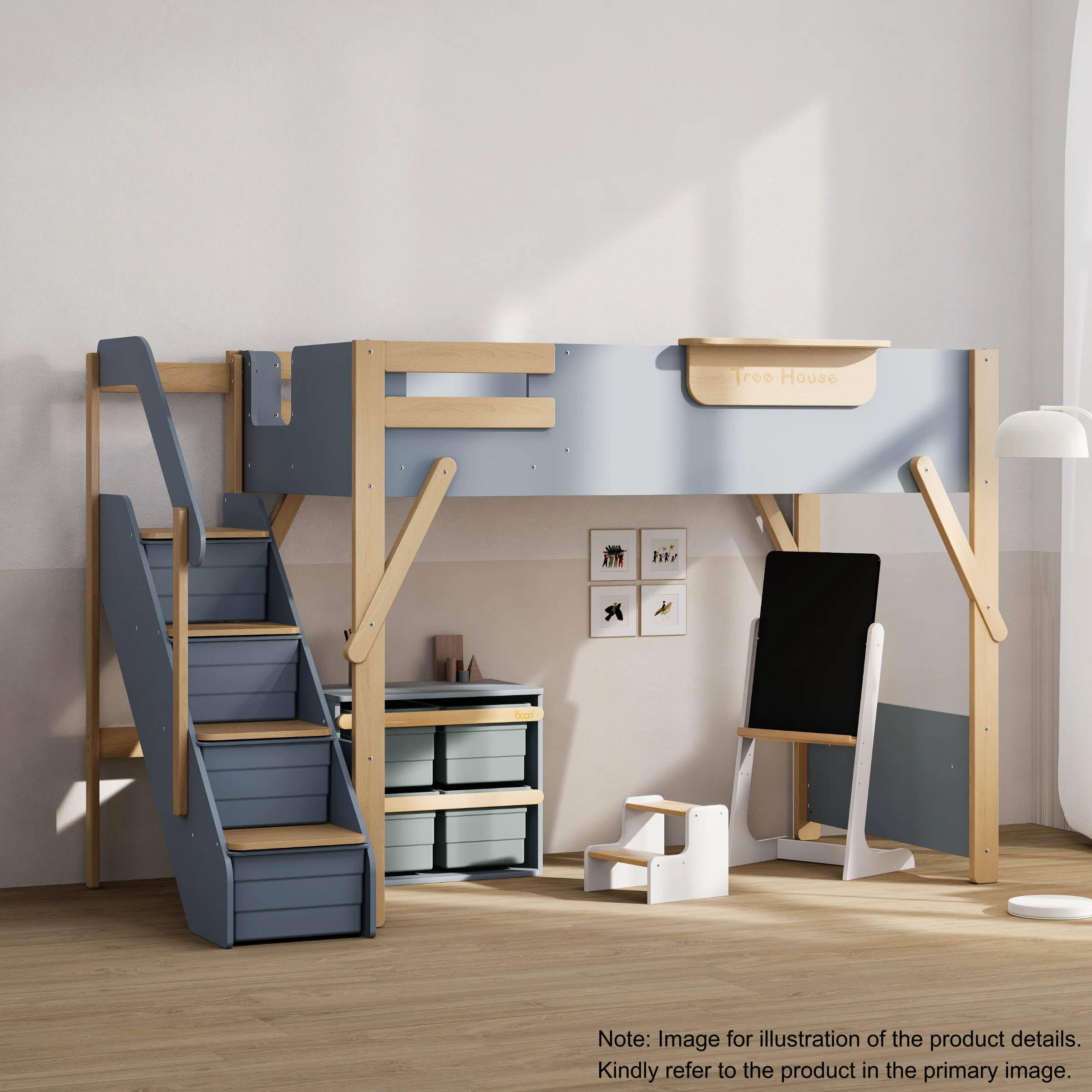 Boori Treehouse Kids King Single Loft Bed + Storage Staircase, Blueberry and Beech