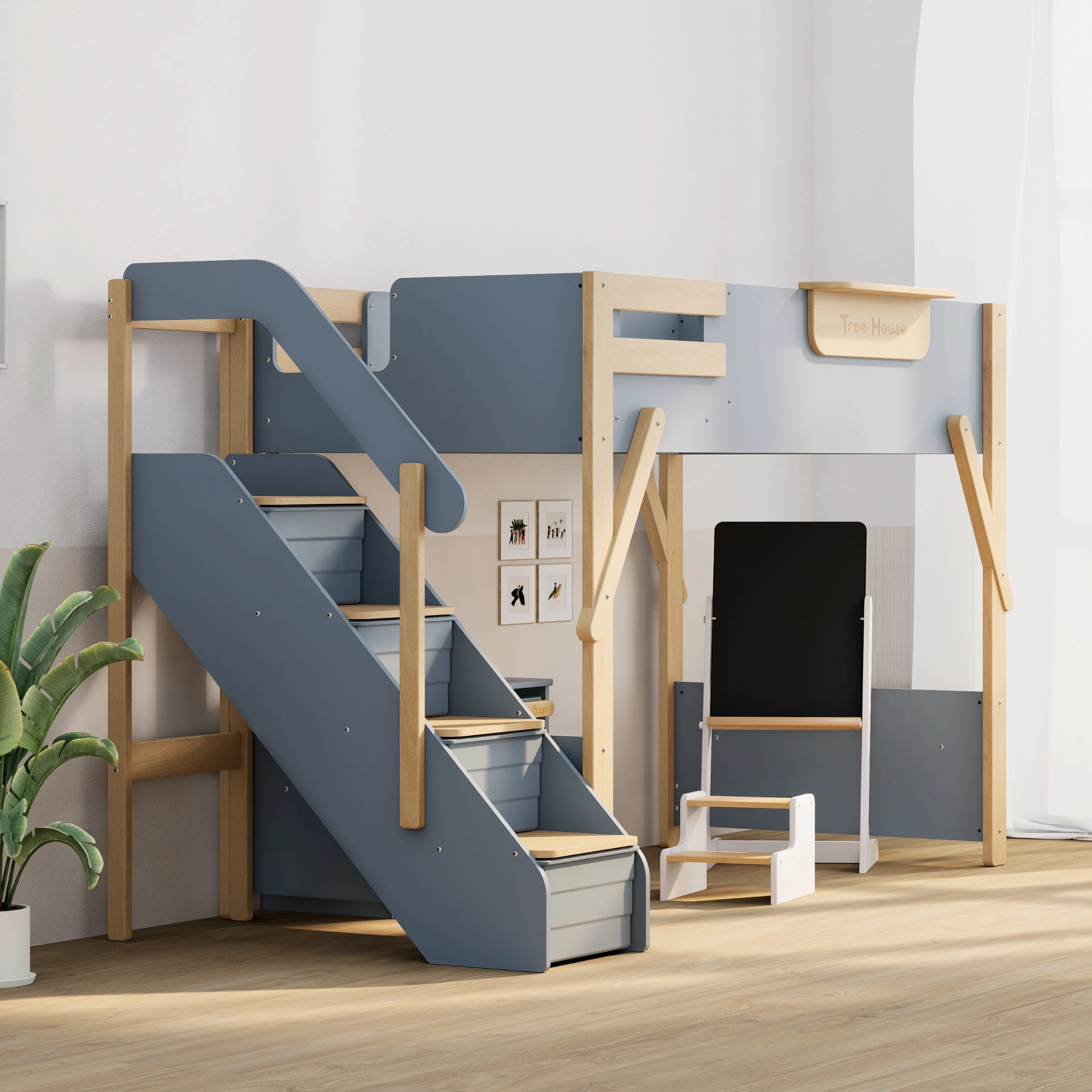 Boori Treehouse Kids King Single Loft Bed + Storage Staircase, Blueberry and Beech