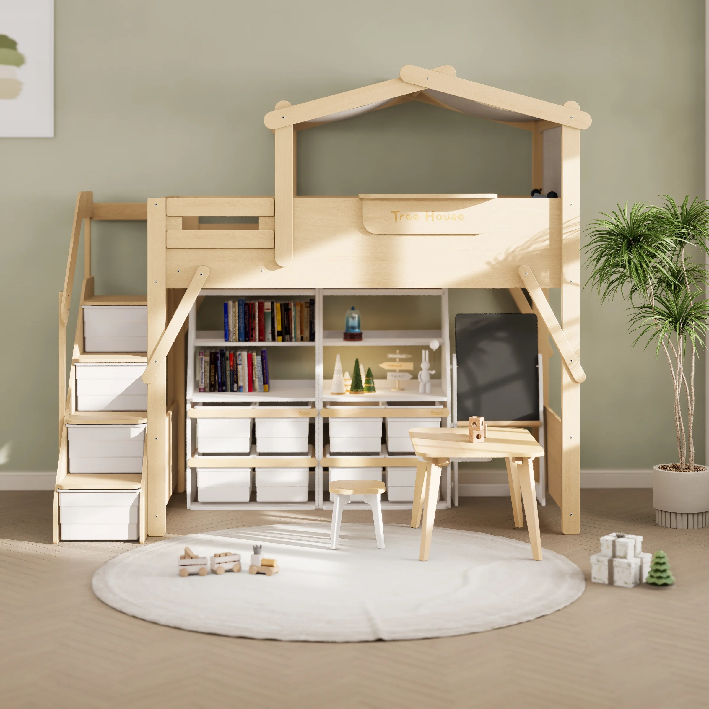 Boori Treehouse Kids King Single Loft Bed + Roof Frame and Storage Staircase with Tent Canopy, Beech