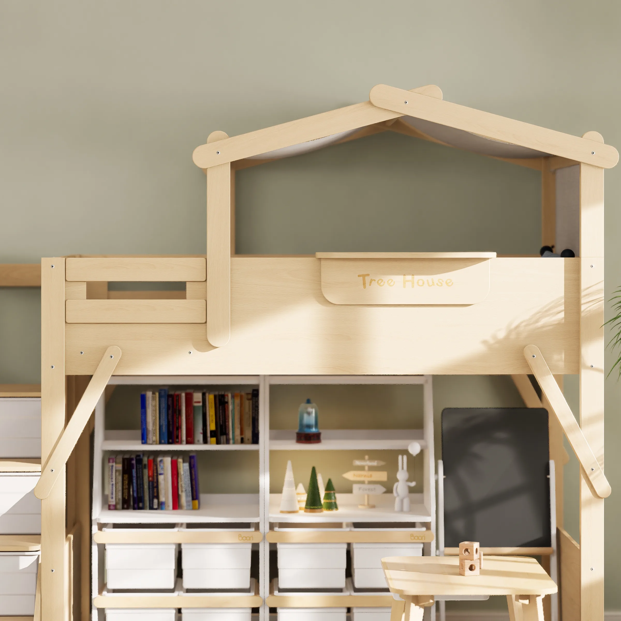 Boori Treehouse Kids King Single Loft Bed + Roof Frame and Storage Staircase with Tent Canopy, Beech