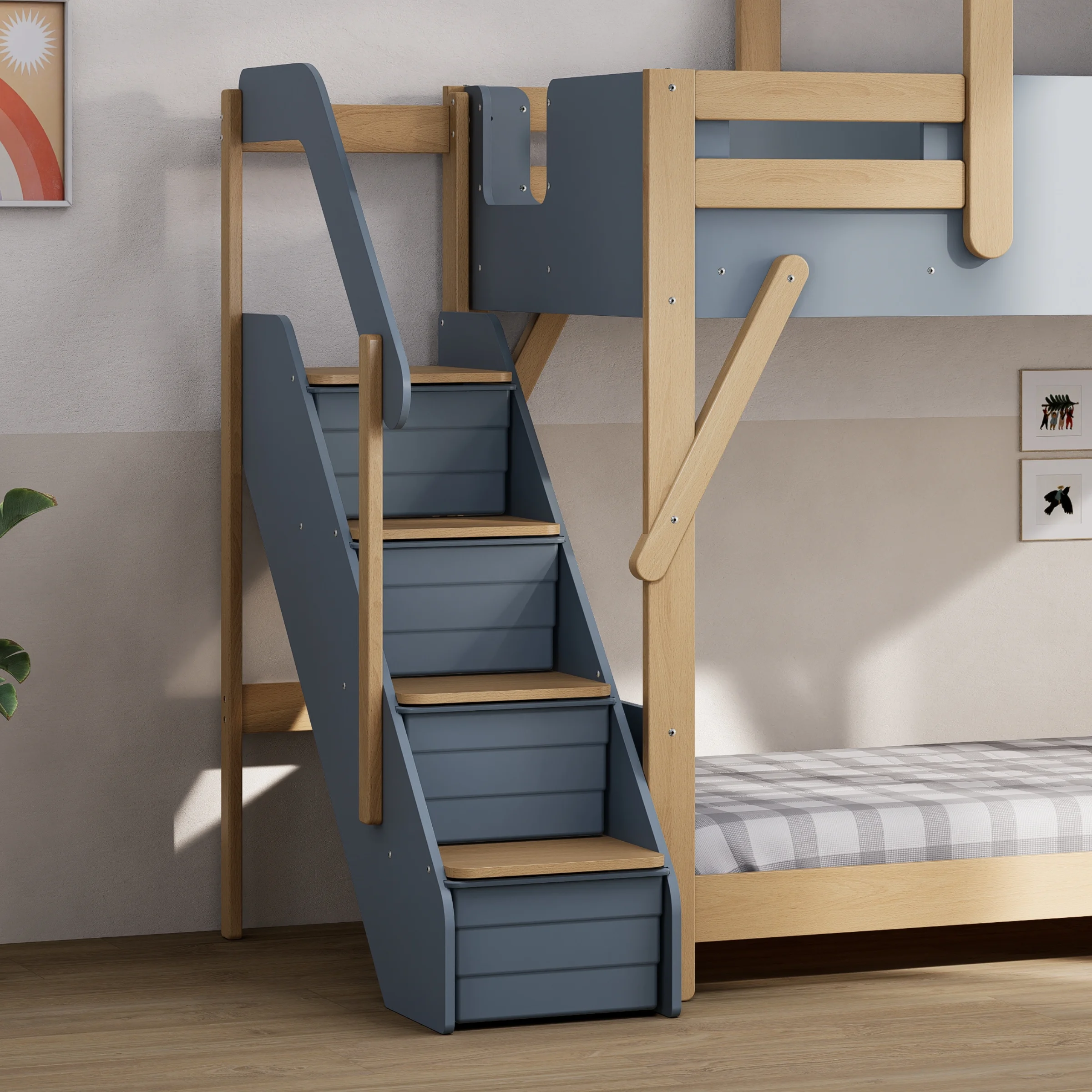 Boori Treehouse Kids King Single Bunk Bed + Roof Frame and Storage Staircase, Blueberry and Beech