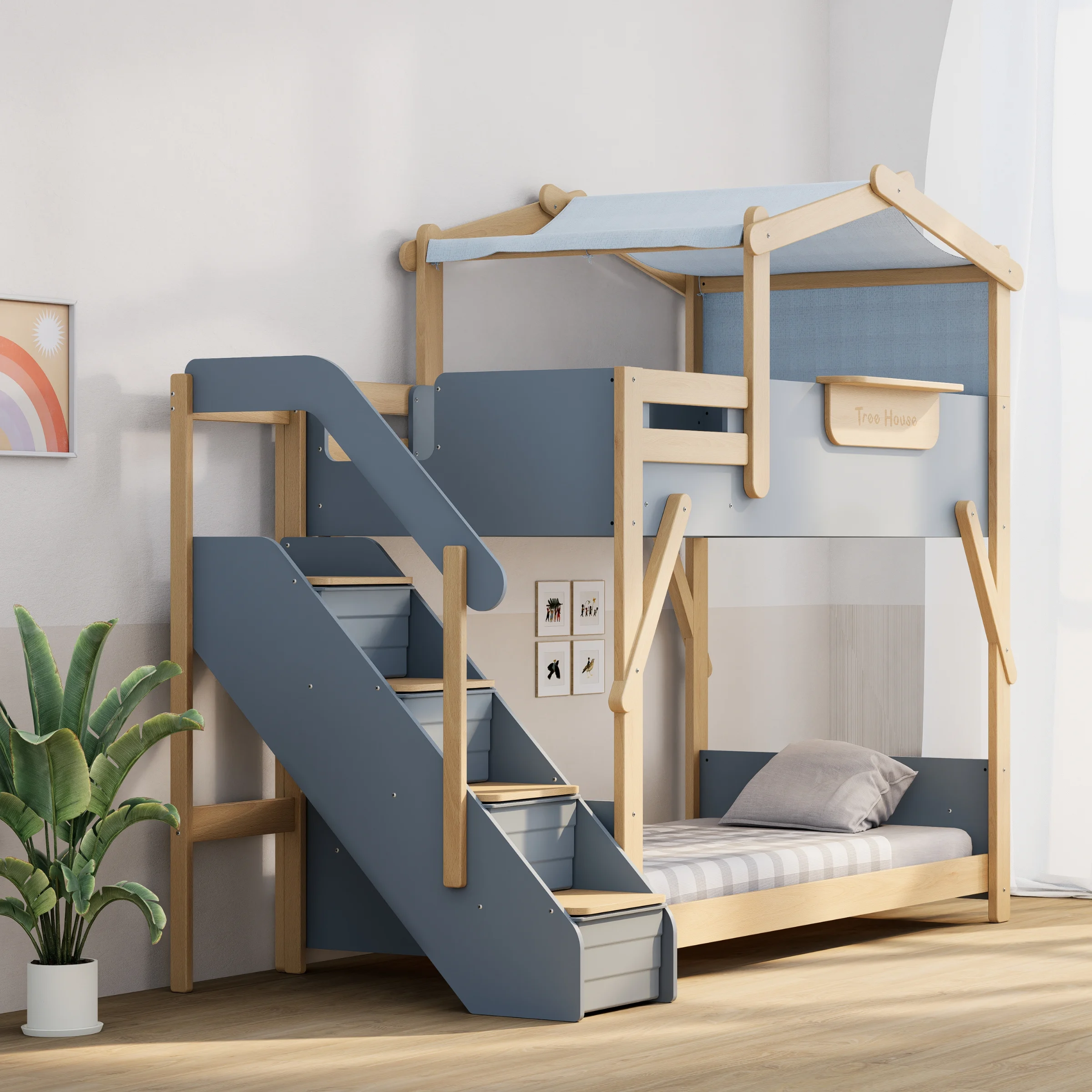 Boori Treehouse Kids King Single Bunk Bed + Roof Frame and Storage Staircase, Blueberry and Beech