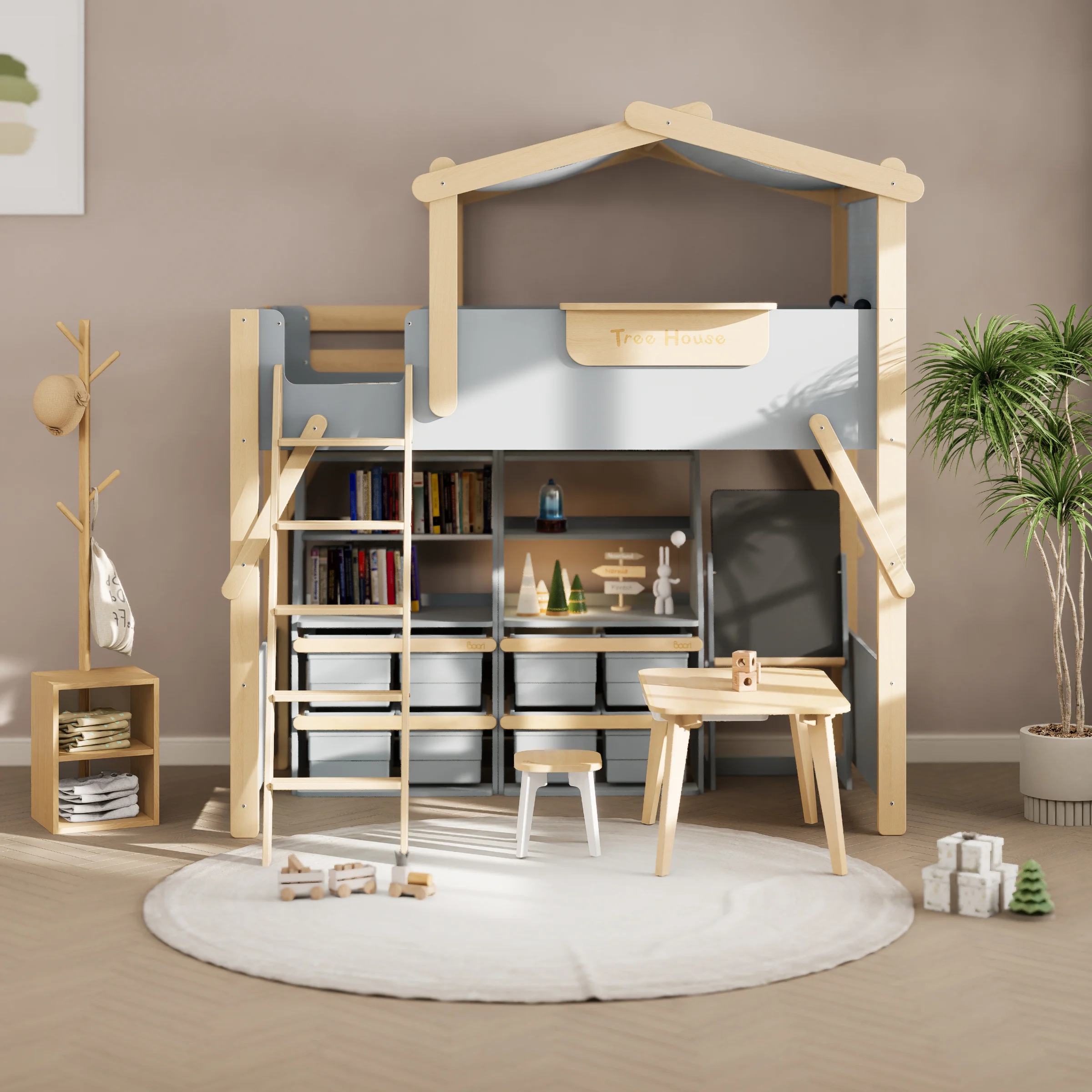Boori Treehouse Kids King Single Loft Bed + Roof Frame and Ladder with Tent Canopy, Blueberry and Beech