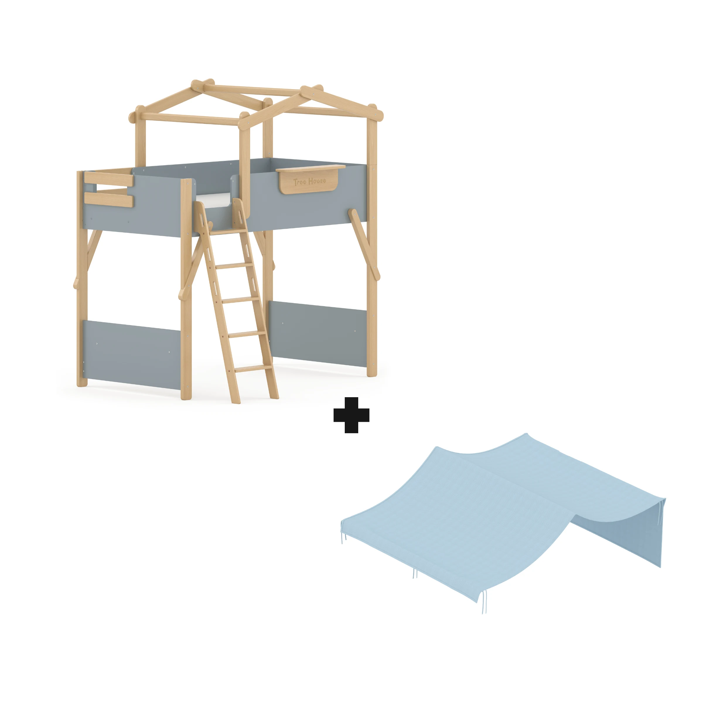 Boori Treehouse Kids King Single Loft Bed + Roof Frame and Ladder with Tent Canopy, Blueberry and Beech