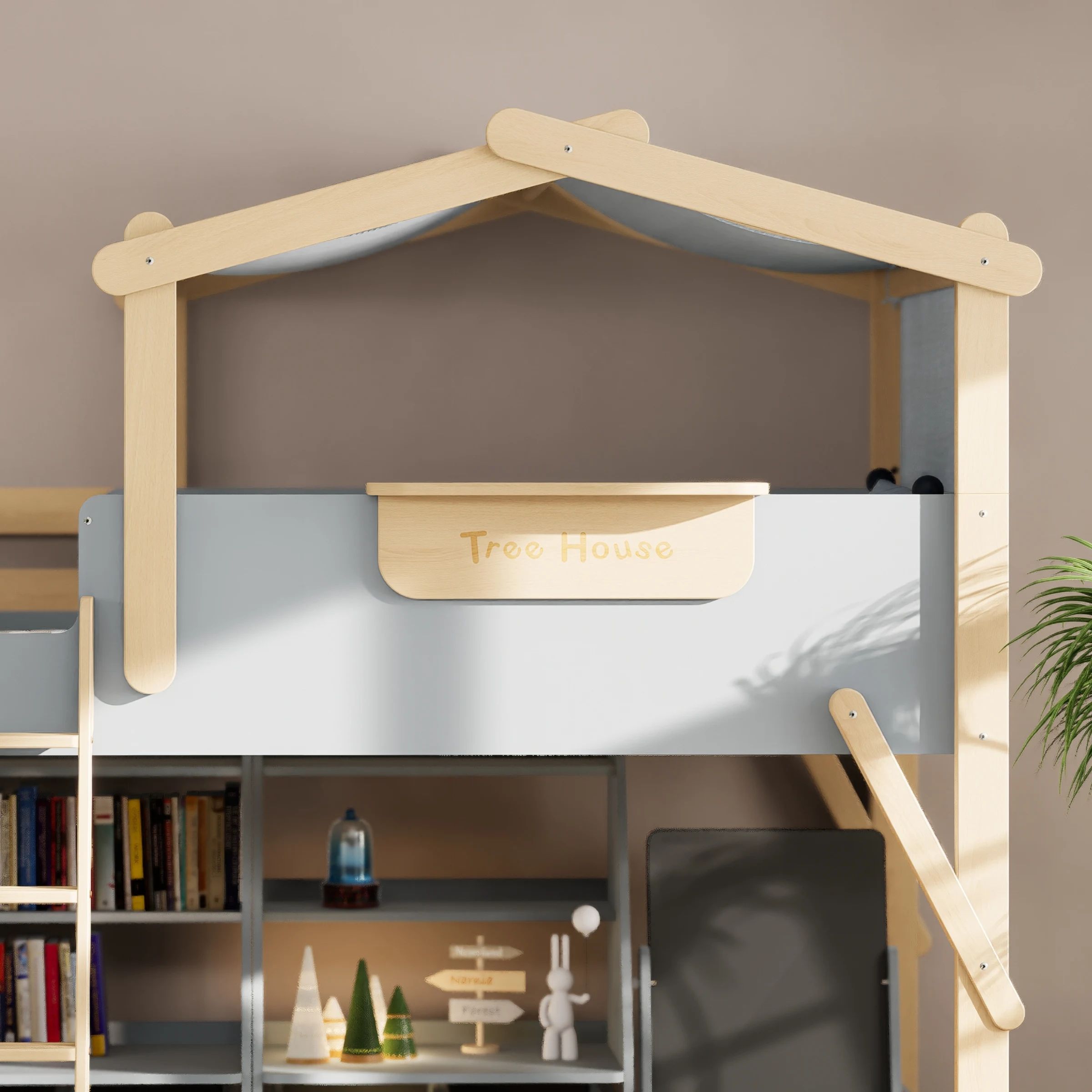 Boori Treehouse Kids King Single Loft Bed + Roof Frame and Ladder with Tent Canopy, Blueberry and Beech