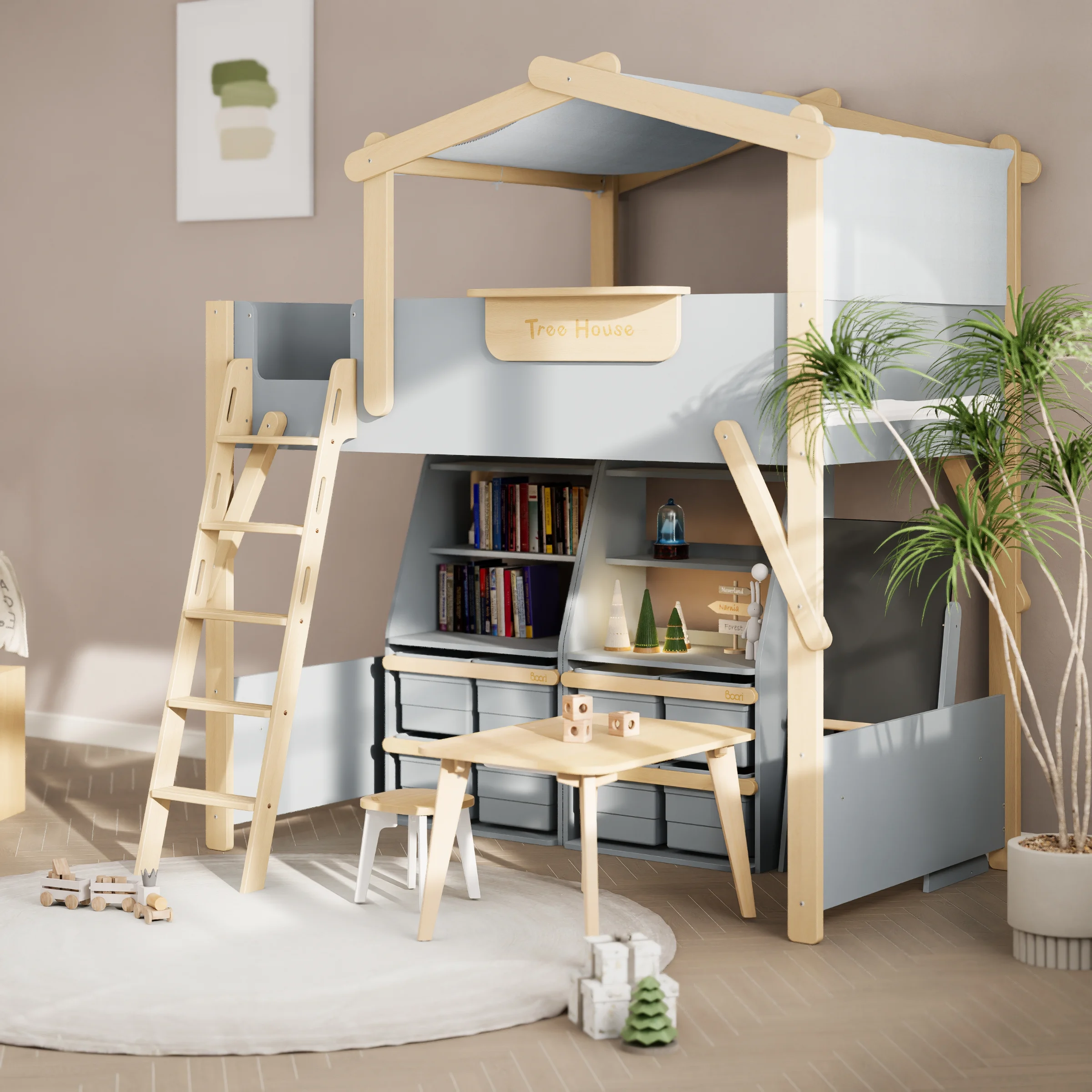 Boori Treehouse Kids King Single Loft Bed + Roof Frame and Ladder with Tent Canopy, Blueberry and Beech