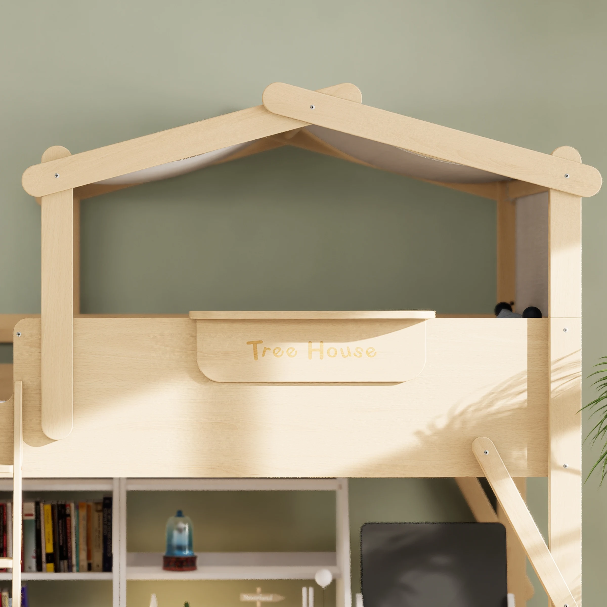 Boori Treehouse Kids King Single Loft Bed + Roof Frame and Ladder with Tent Canopy, Beech
