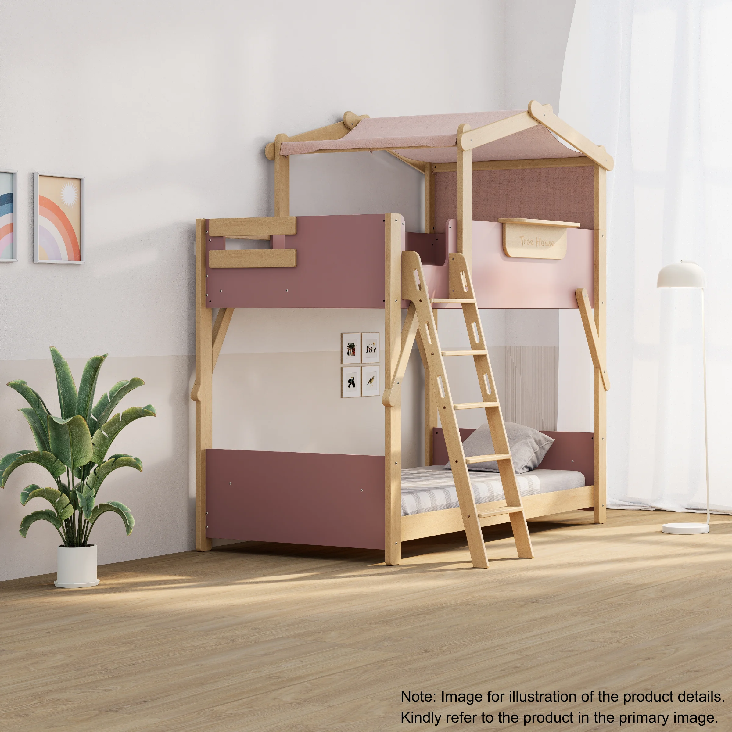 Boori Treehouse Kids King Single Bunk Bed + Roof Frame and Ladder, Cherry and Beech