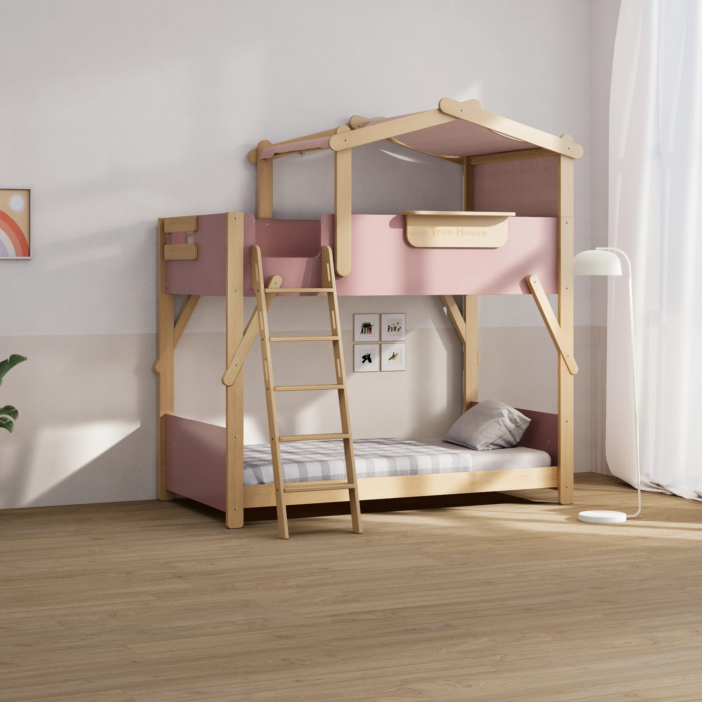 Boori Treehouse Kids King Single Bunk Bed + Roof Frame and Ladder, Cherry and Beech