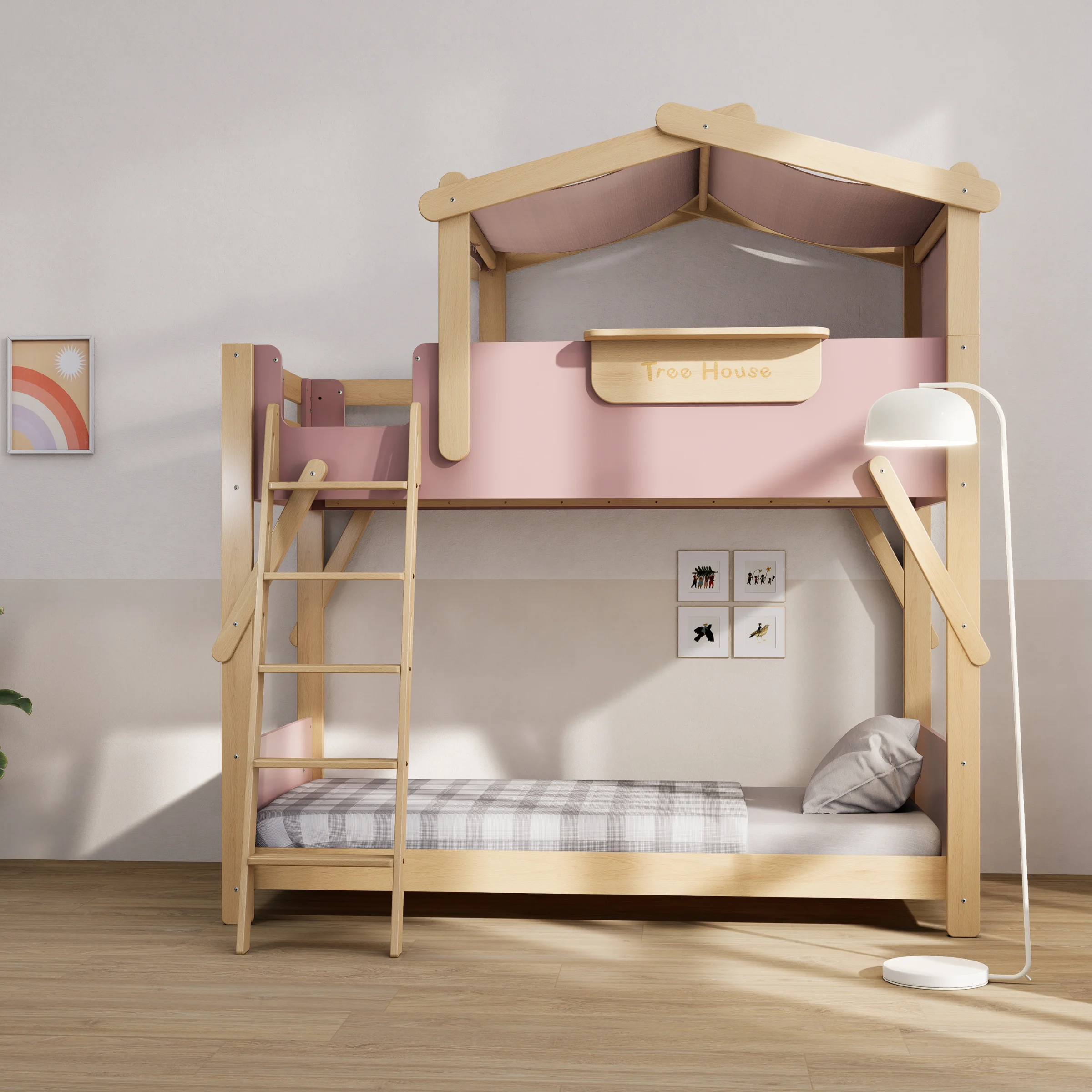 Boori Treehouse Kids King Single Bunk Bed + Roof Frame and Ladder, Cherry and Beech