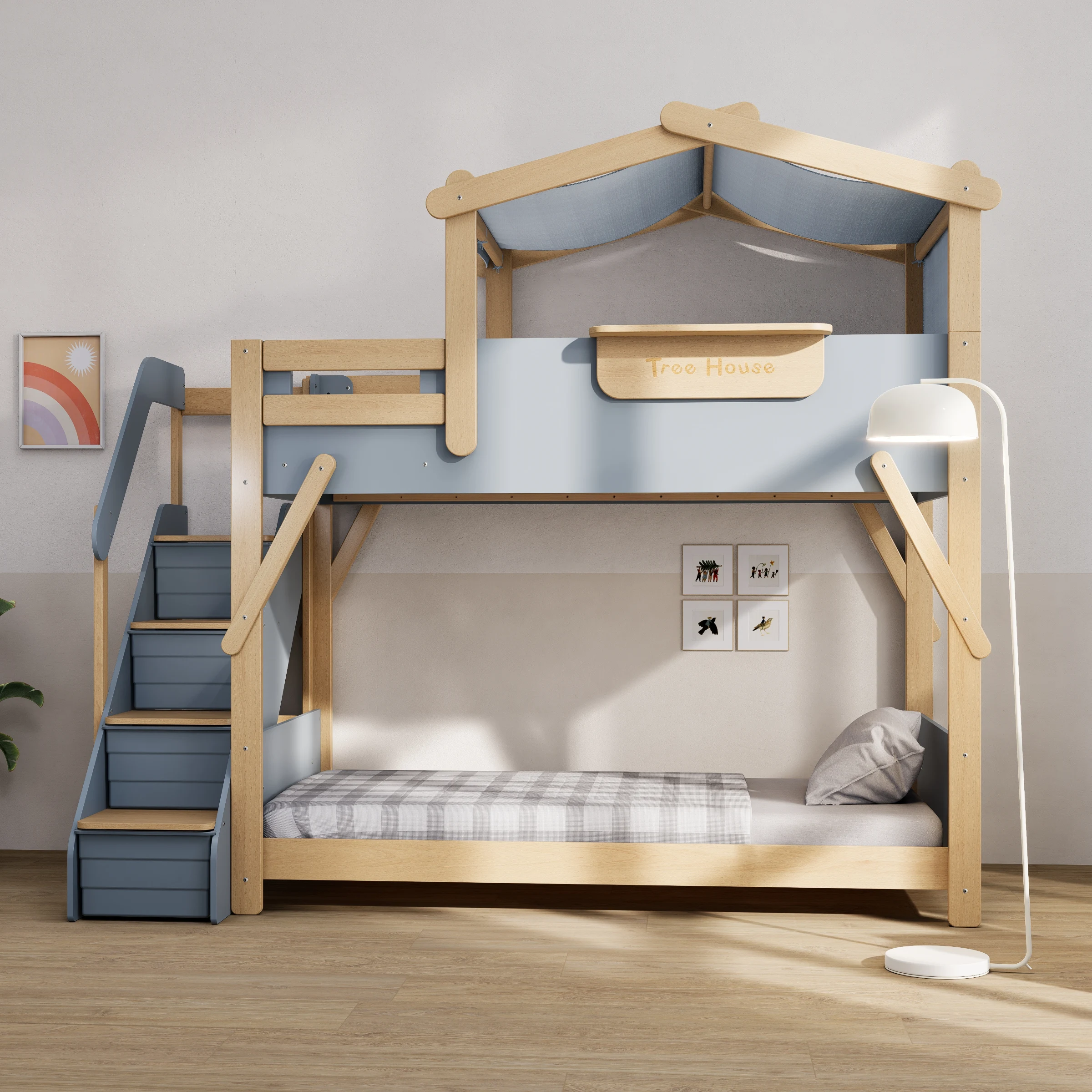 Boori Treehouse Kids King Single Bunk Bed + Roof Frame and Storage Staircase with Tent Canopy, Blueberry and Beech
