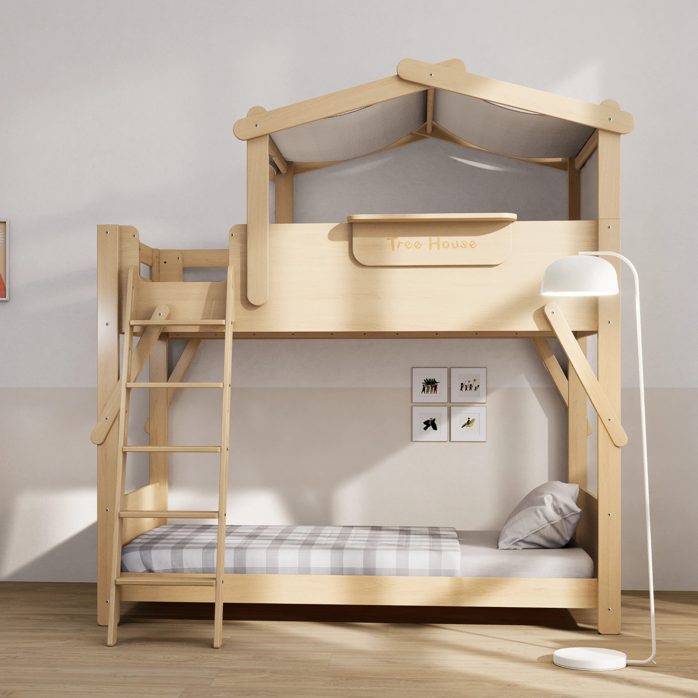 Boori Treehouse Kids King Single Bunk Bed + Roof Frame and Ladder with Tent Canopy, Beech
