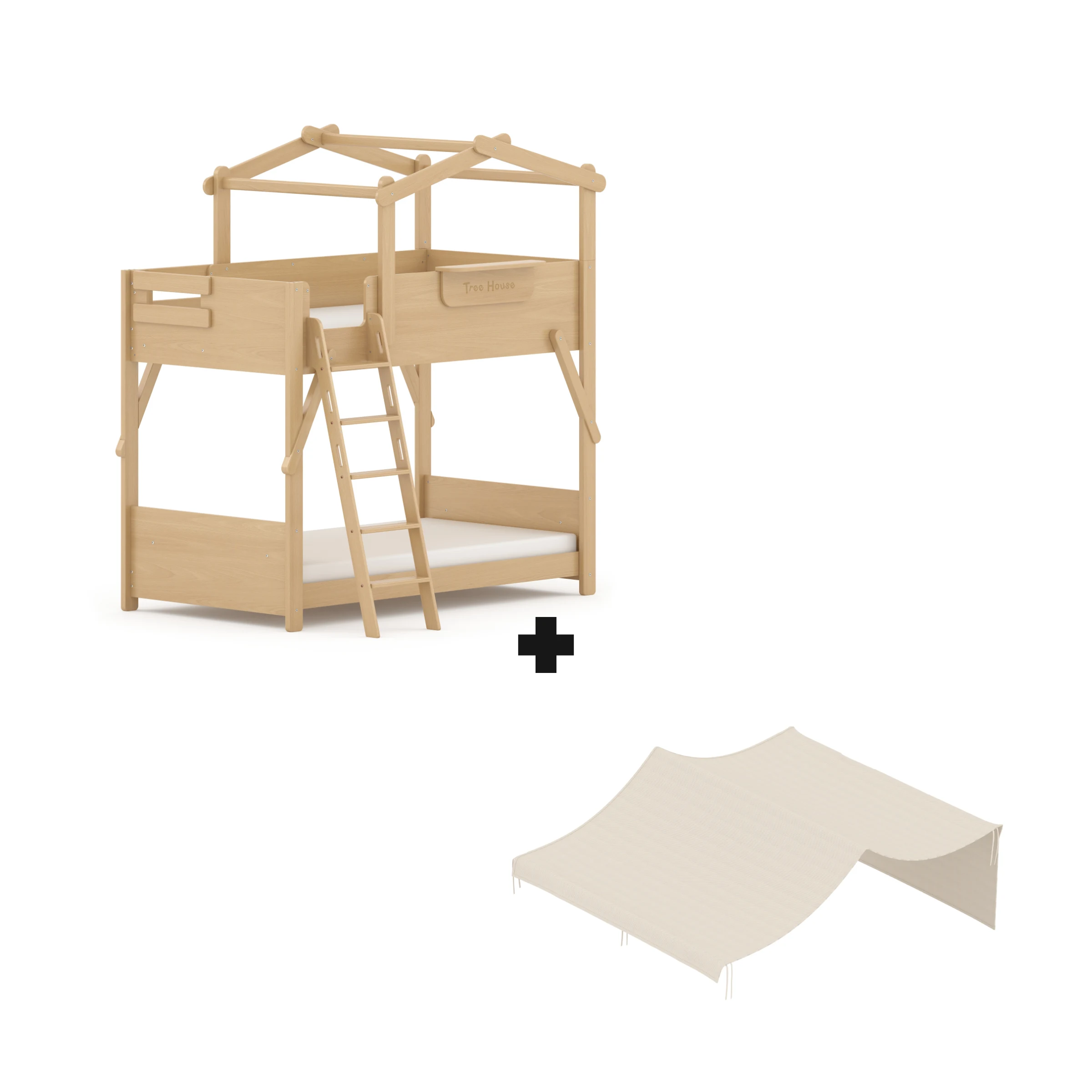 Boori Treehouse Kids King Single Bunk Bed + Roof Frame and Ladder with Tent Canopy, Beech