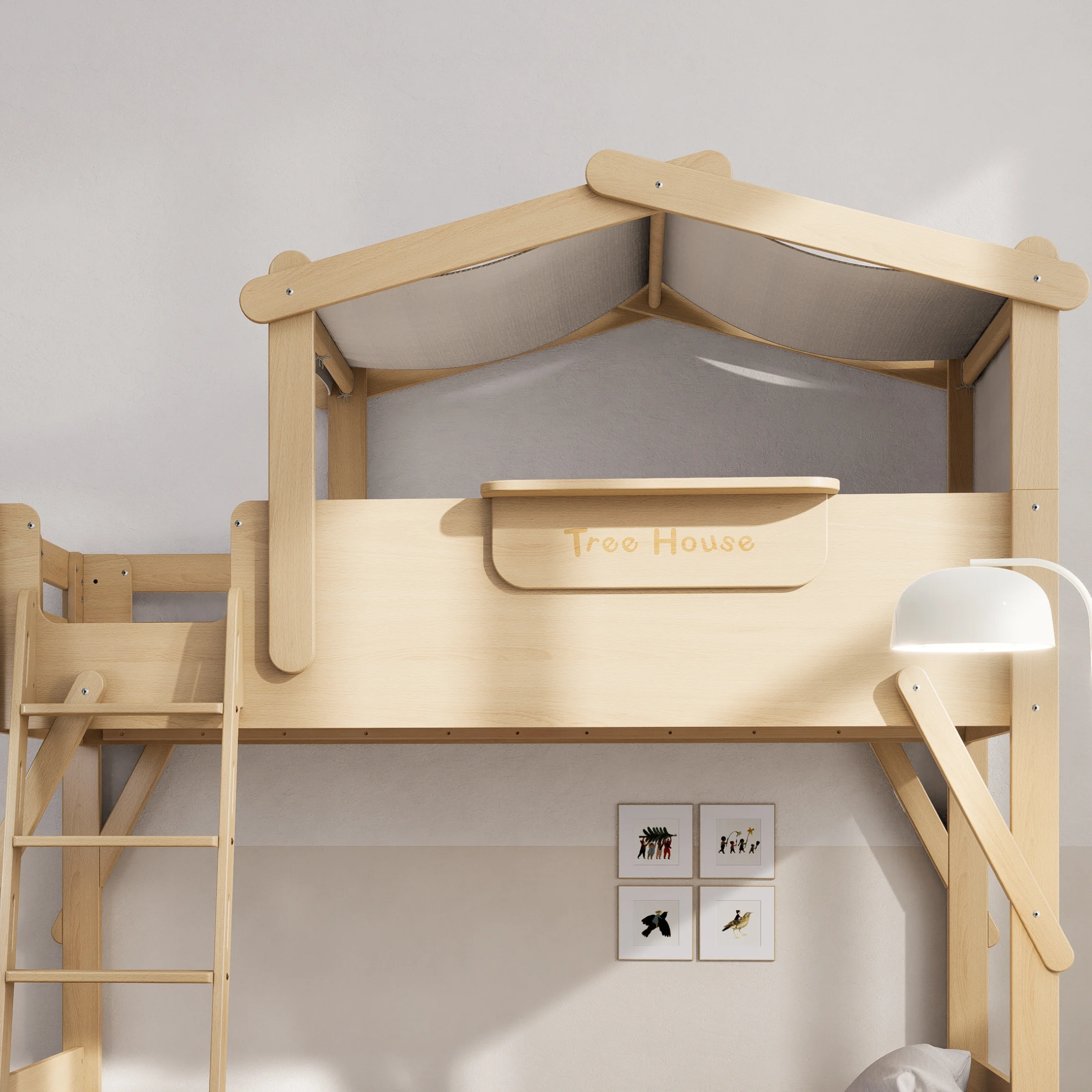 Boori Treehouse Kids King Single Bunk Bed + Roof Frame and Ladder with Tent Canopy, Beech
