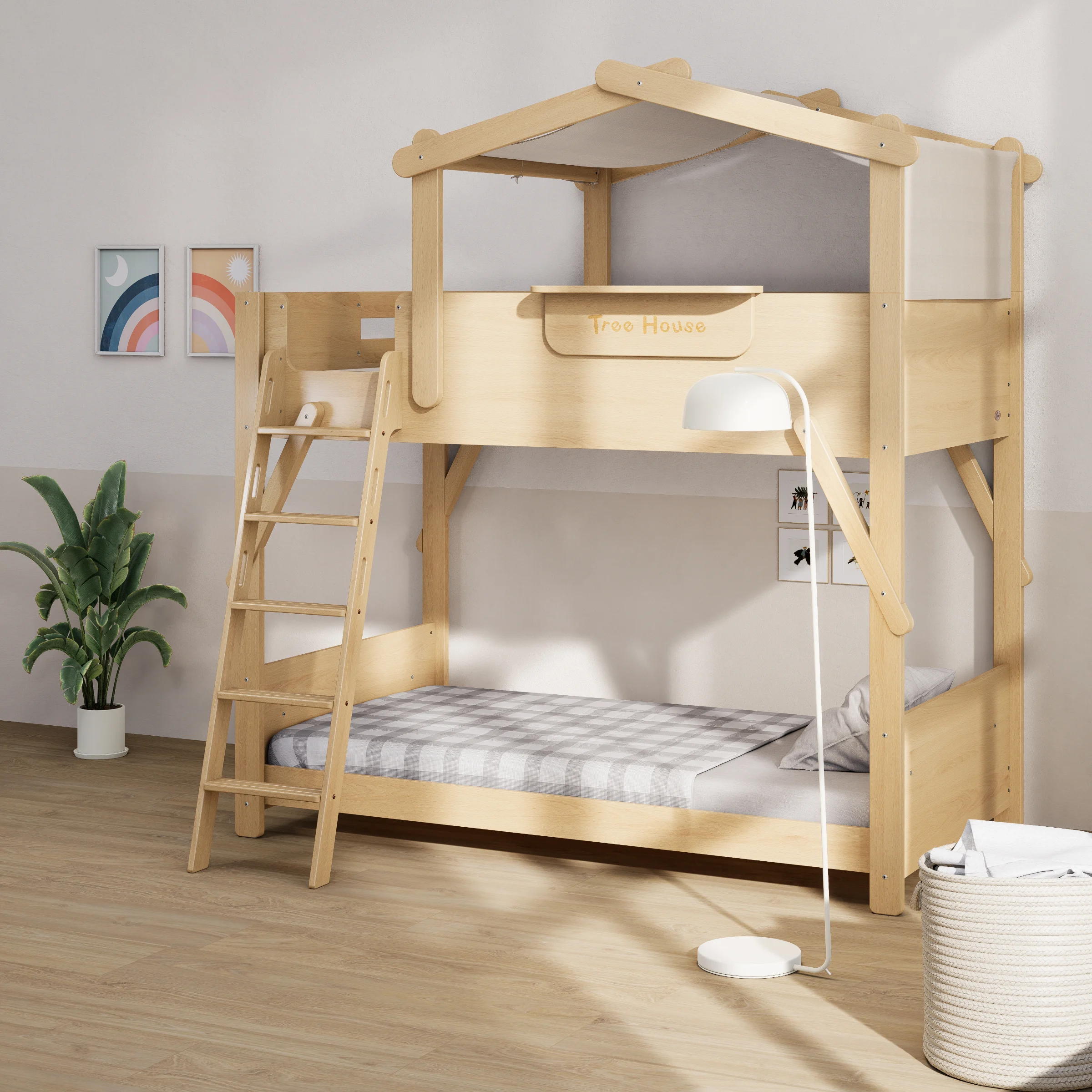 Boori Treehouse Kids King Single Bunk Bed + Roof Frame and Ladder with Tent Canopy, Beech