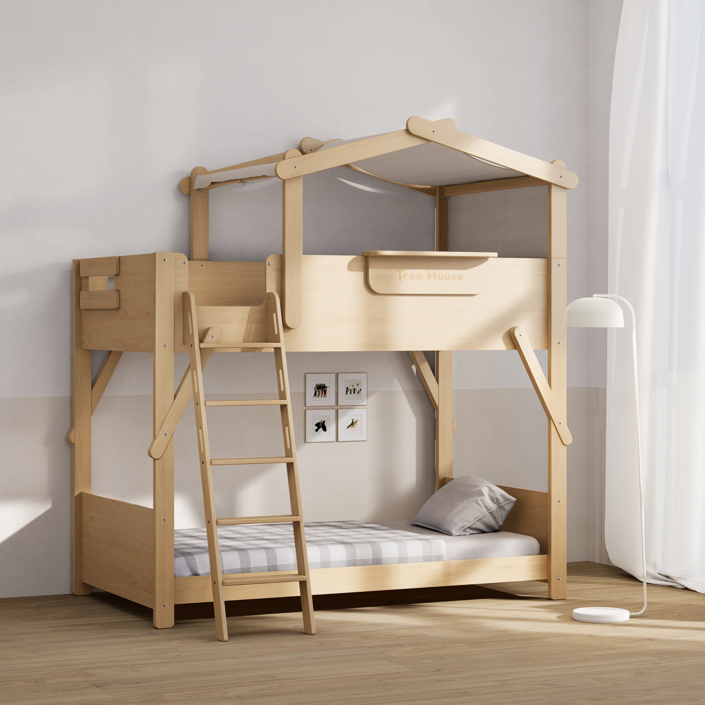 Boori Treehouse Kids King Single Bunk Bed + Roof Frame and Ladder with Tent Canopy, Beech