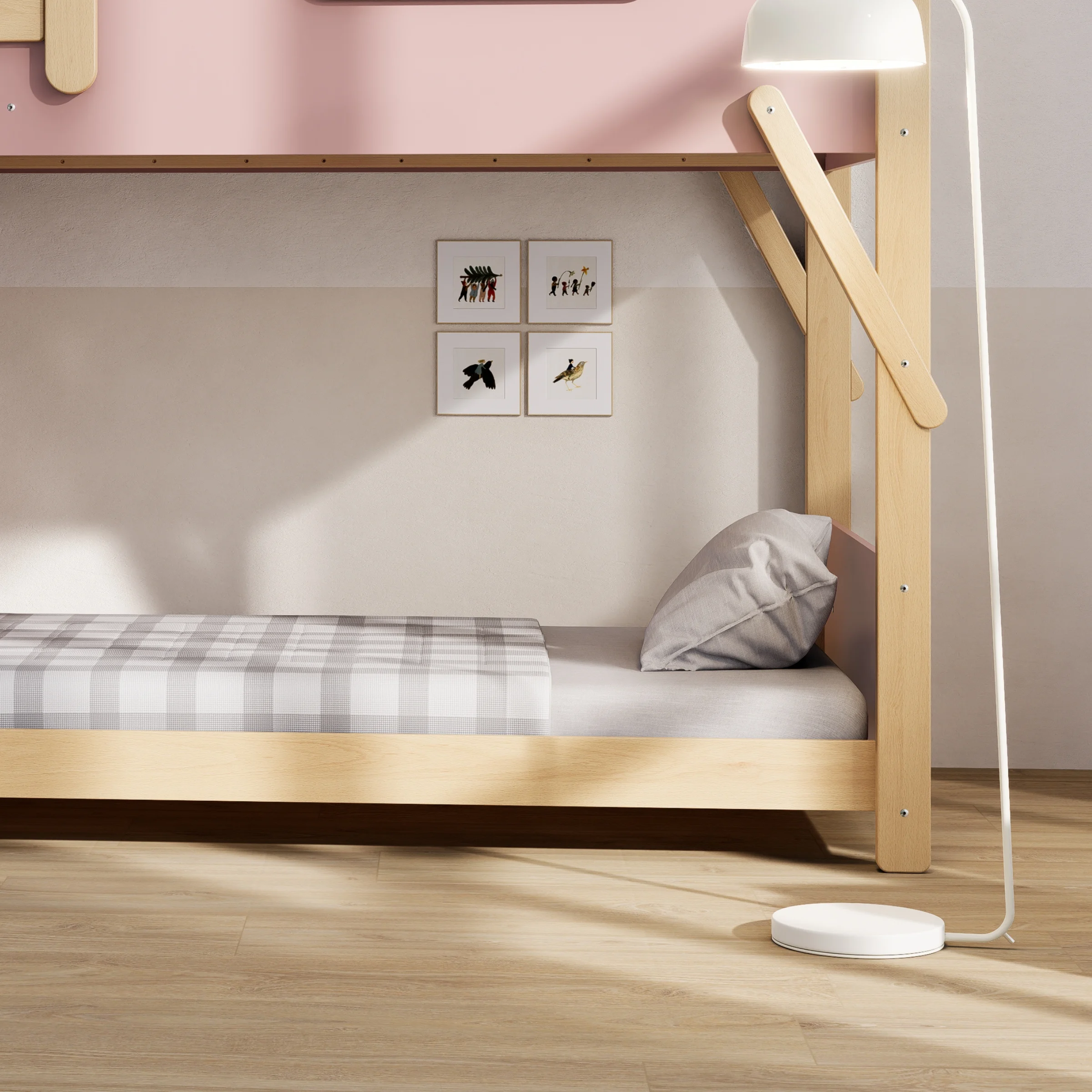 Boori Treehouse Kids King Single Bunk Bed + Roof Frame and Storage Staircase with Tent Canopy, Cherry and Beech