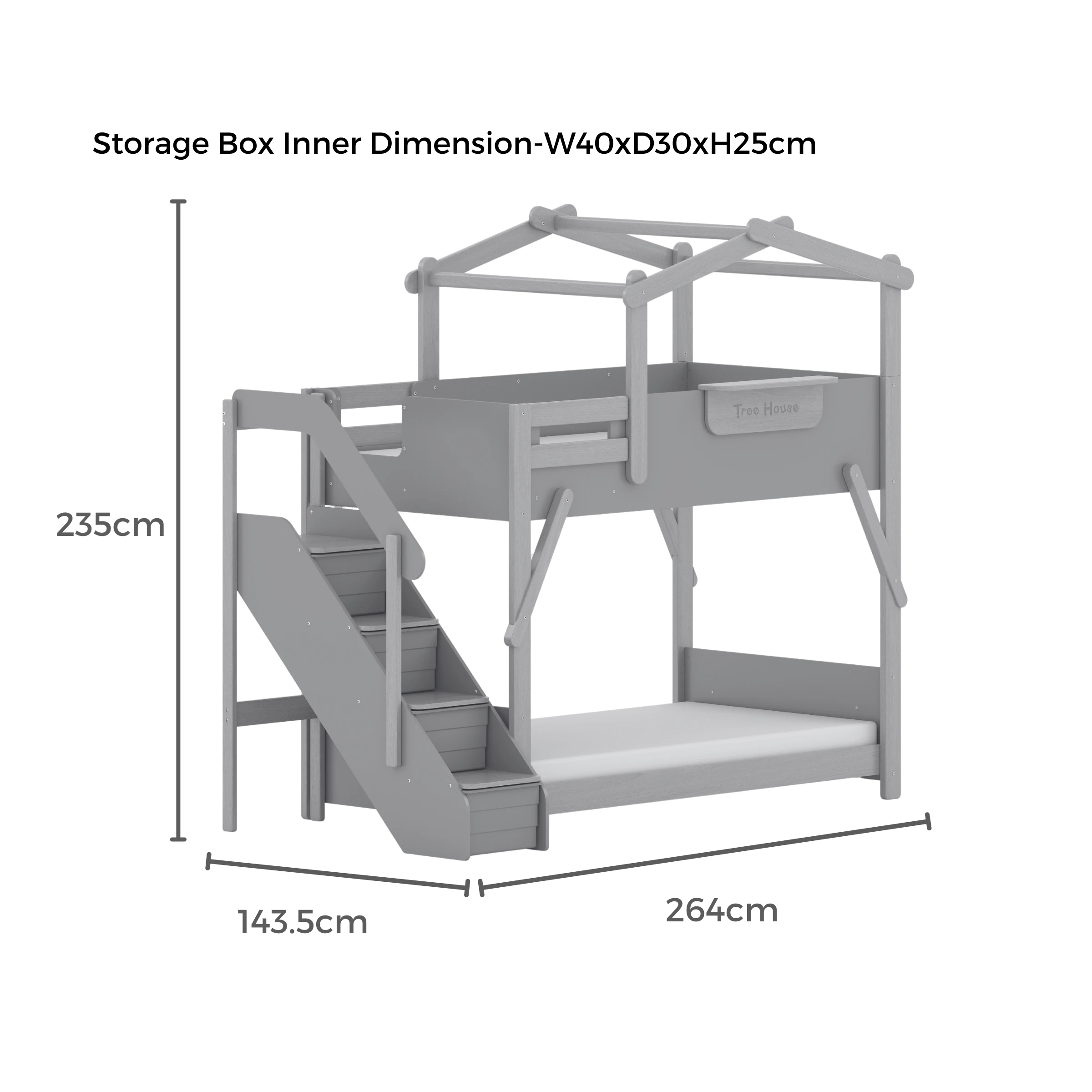 Boori Treehouse Kids King Single Bunk Bed + Roof Frame and Storage Staircase with Tent Canopy, Cherry and Beech