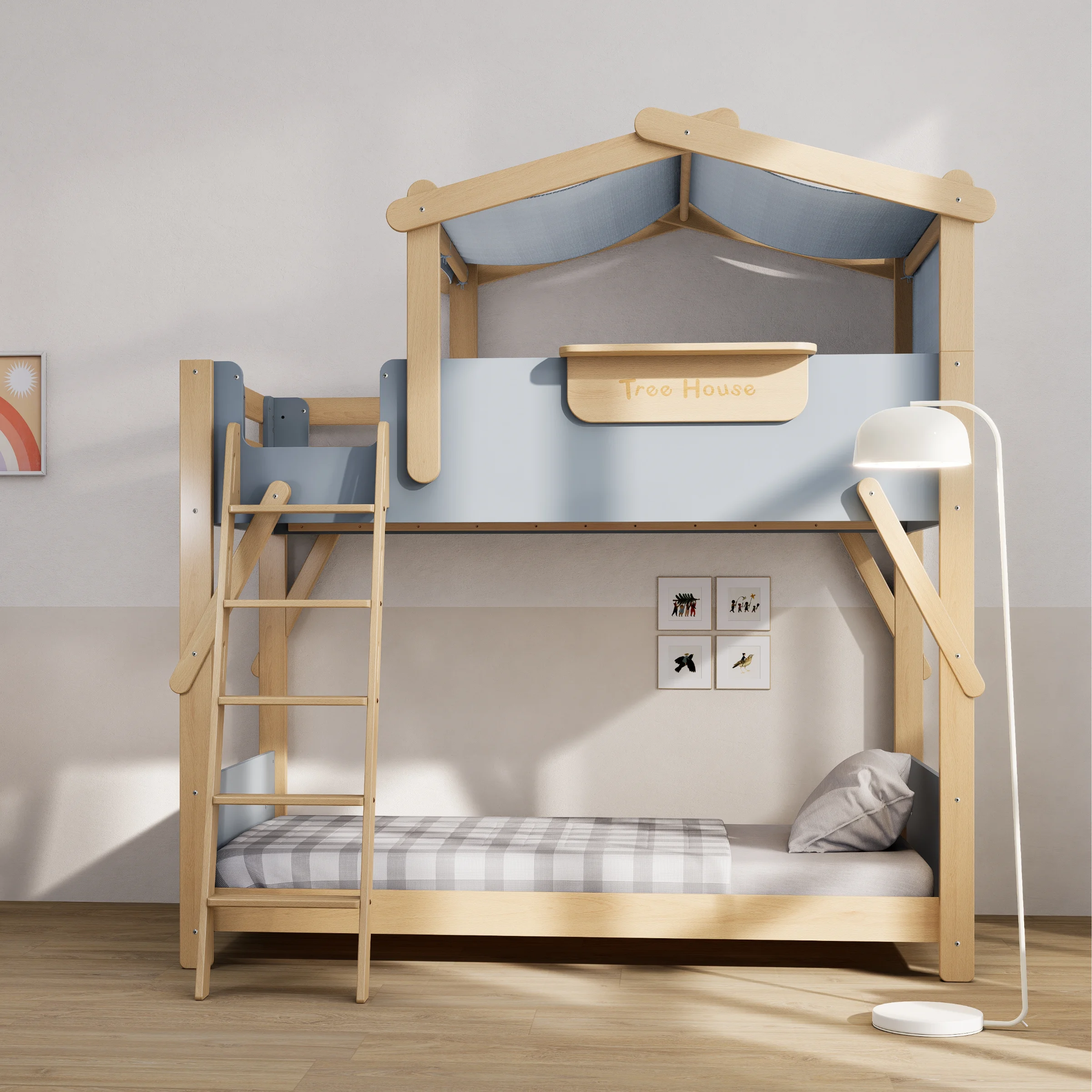 Boori Treehouse Kids King Single Bunk Bed + Roof Frame and Ladder with Tent Canopy, Blueberry and Beech