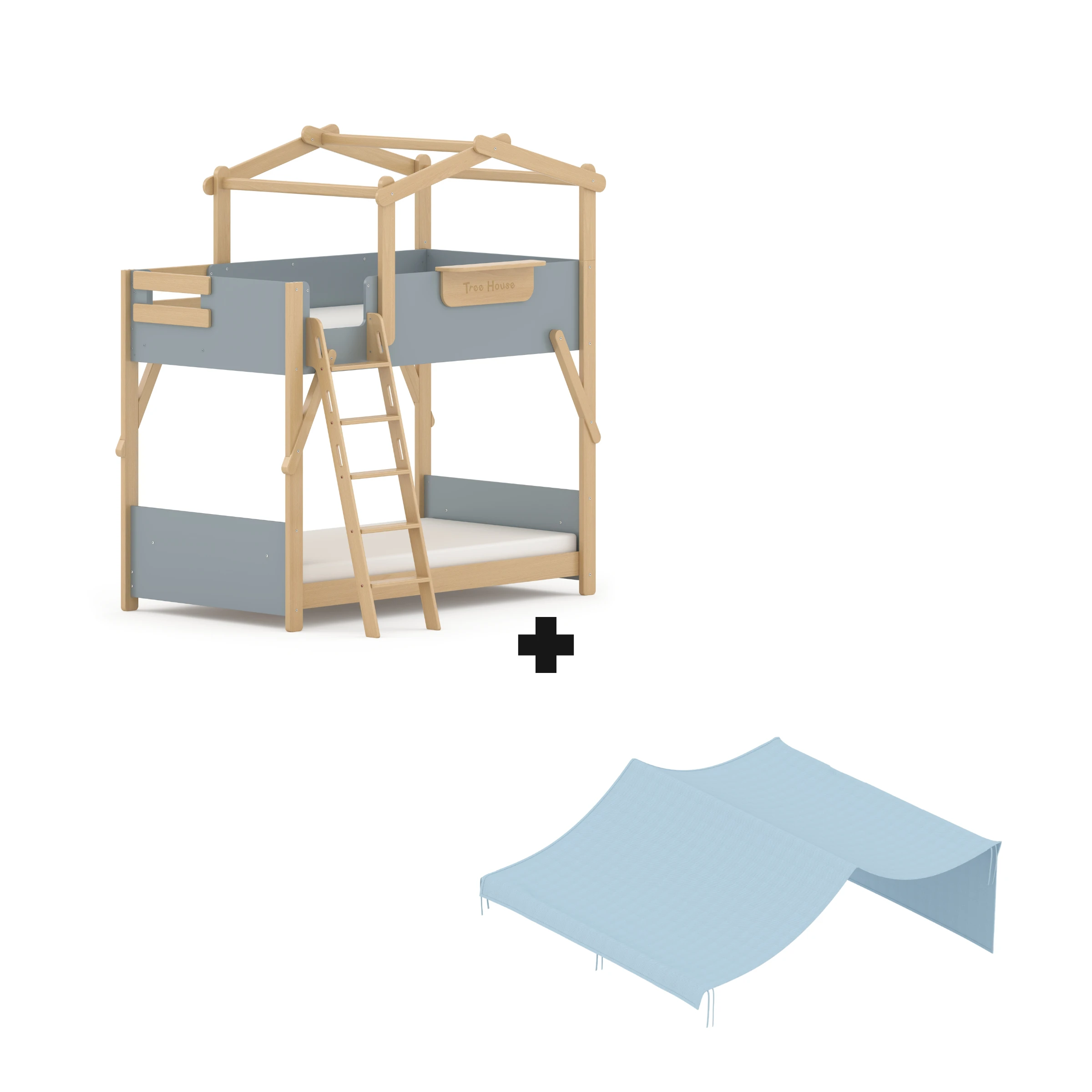 Boori Treehouse Kids King Single Bunk Bed + Roof Frame and Ladder with Tent Canopy, Blueberry and Beech