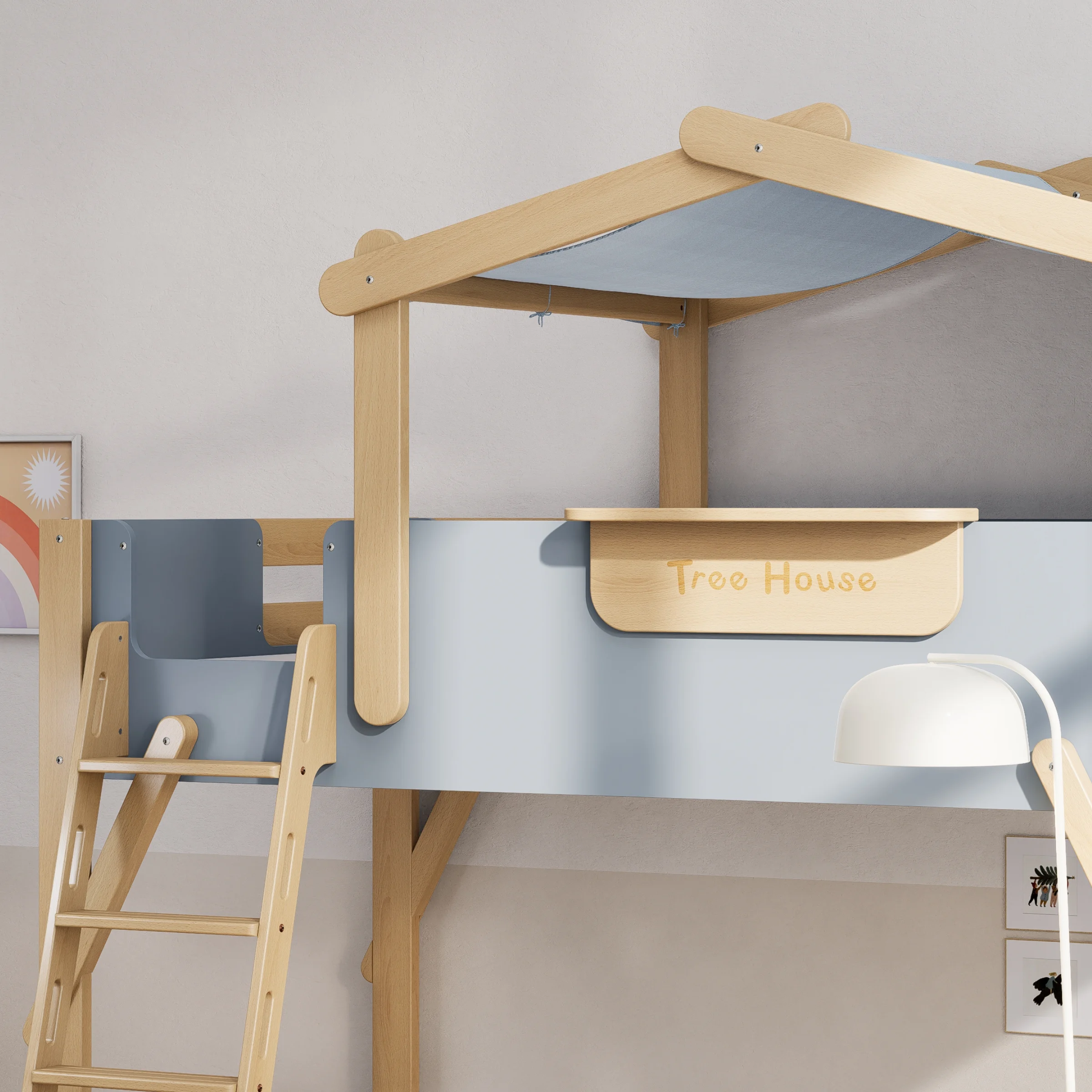 Boori Treehouse Kids King Single Bunk Bed + Roof Frame and Ladder with Tent Canopy, Blueberry and Beech