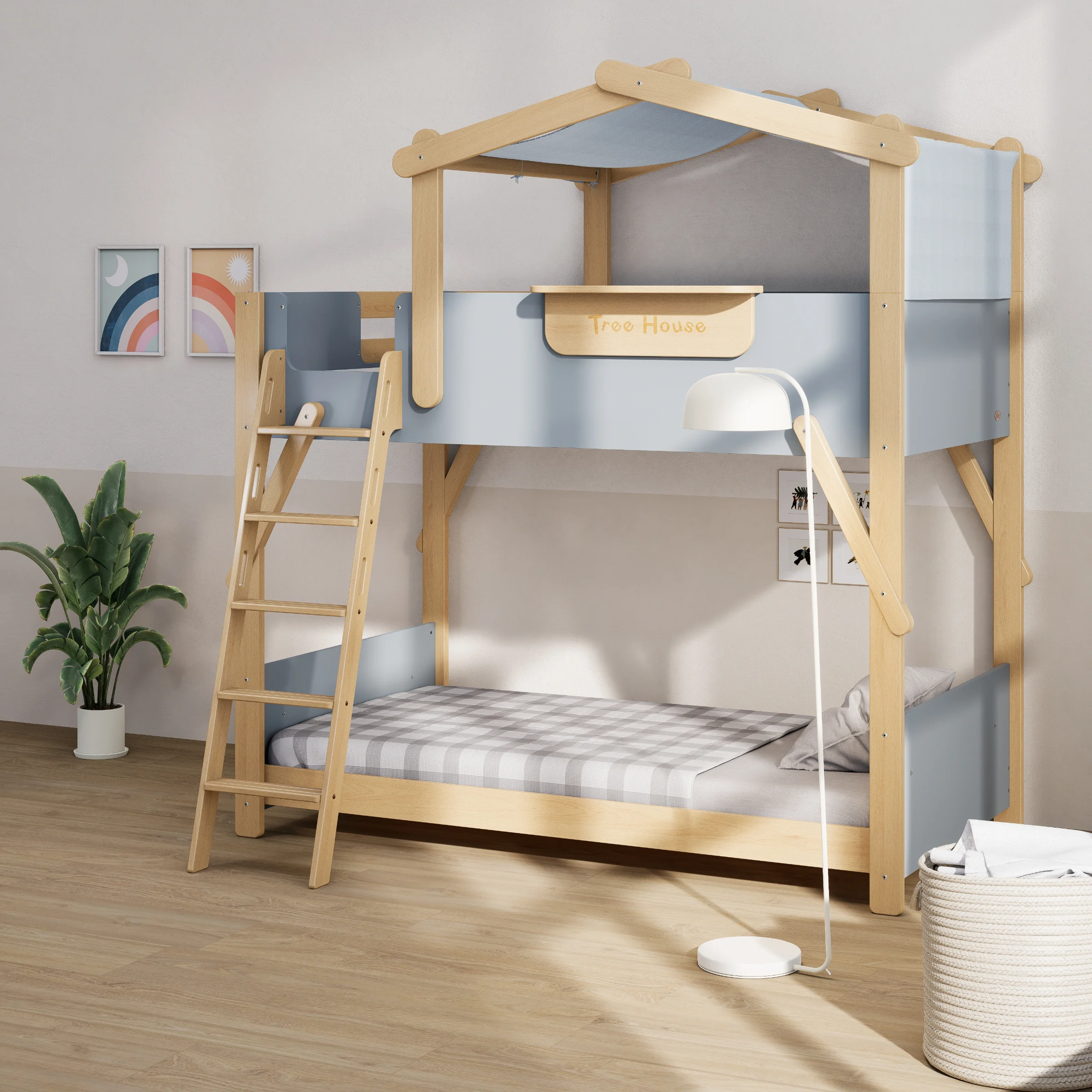 Boori Treehouse Kids King Single Bunk Bed + Roof Frame and Ladder with Tent Canopy, Blueberry and Beech